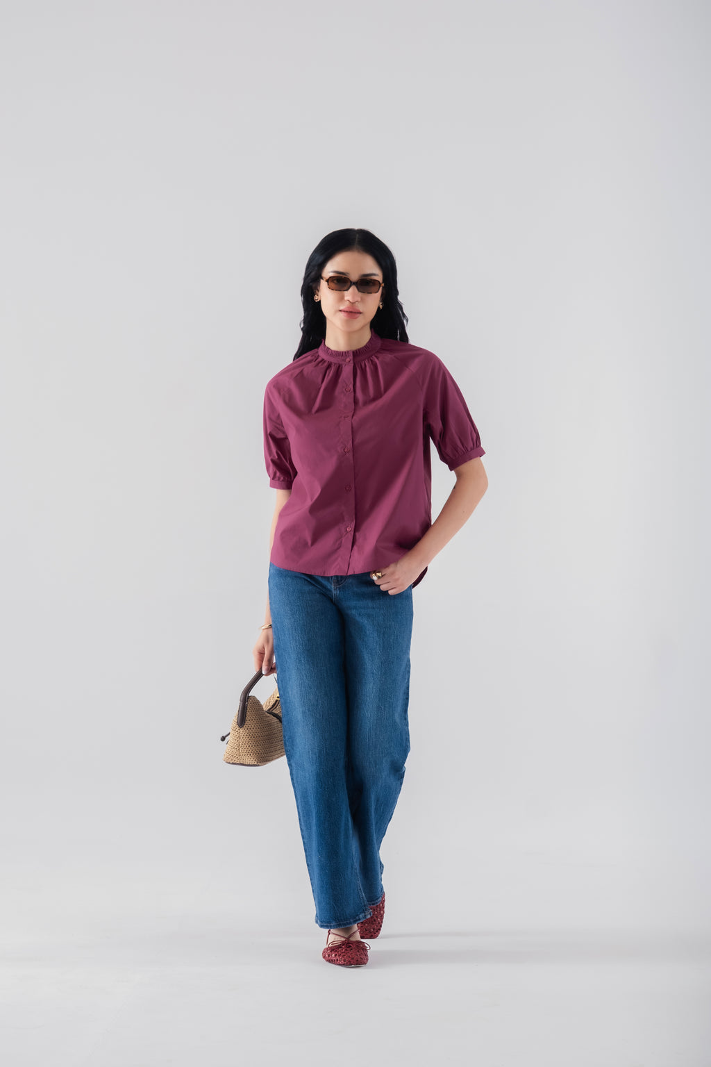 100% Cotton Poplin Frill-Neck Blouse - Wine