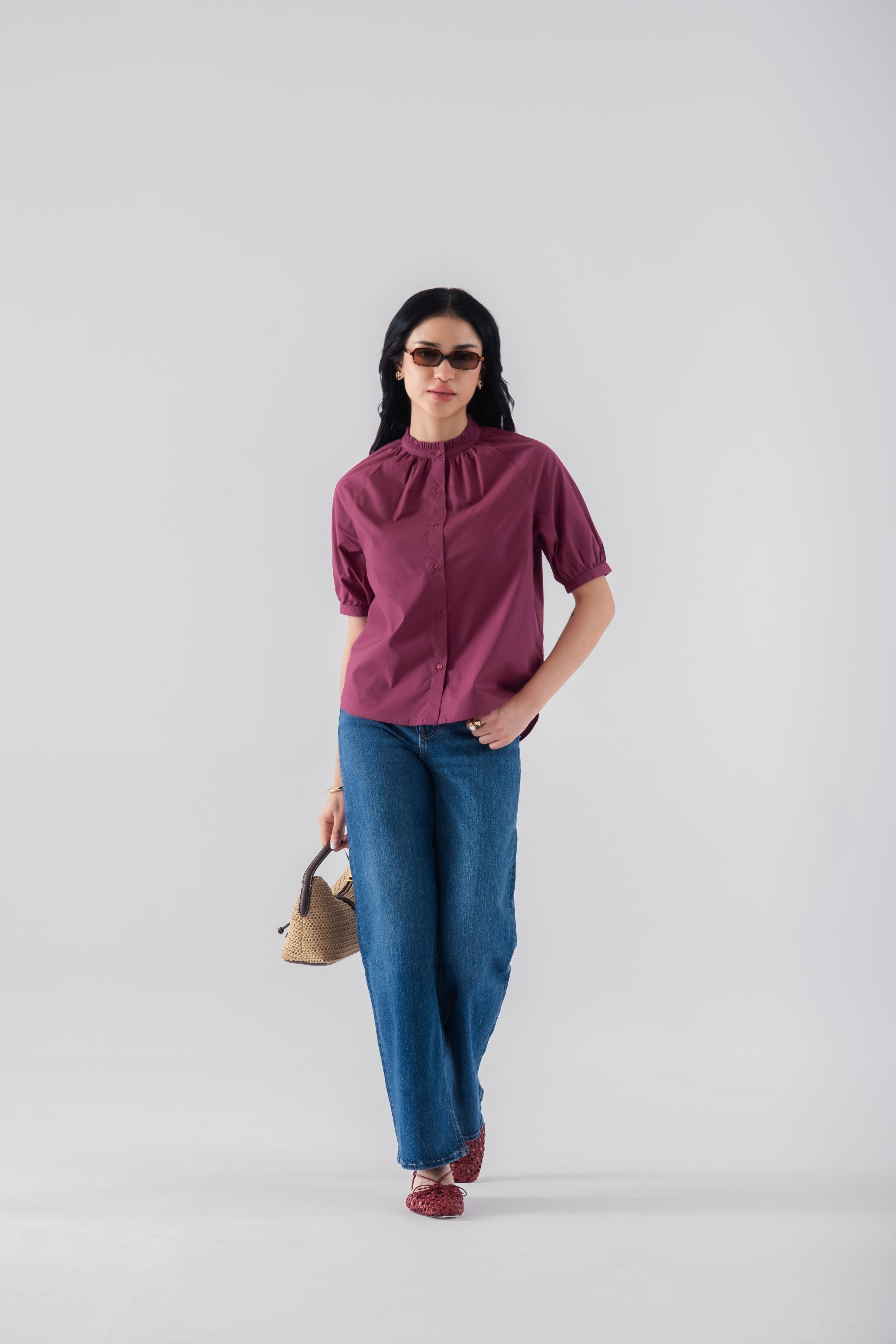 100% Cotton Poplin Frill-Neck Blouse - Wine
