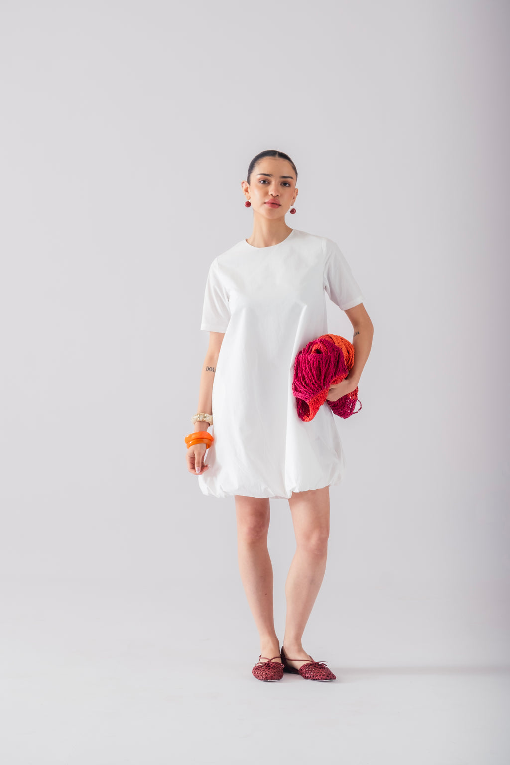 100% Cotton Poplin Bubble-Hem Mini Dress - White