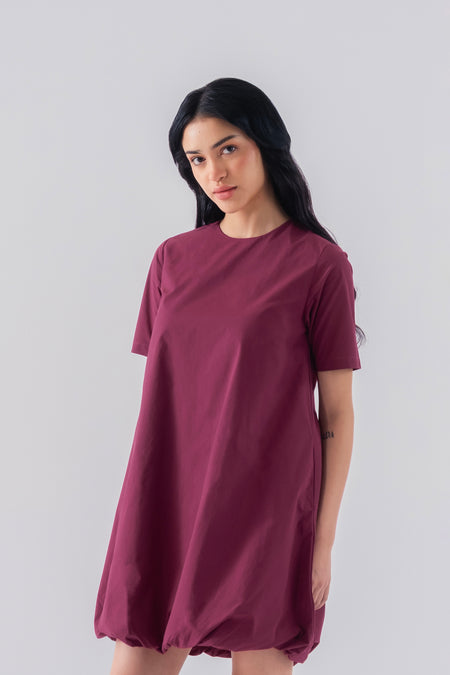 100% Cotton Poplin Bubble-Hem Mini Dress - Wine