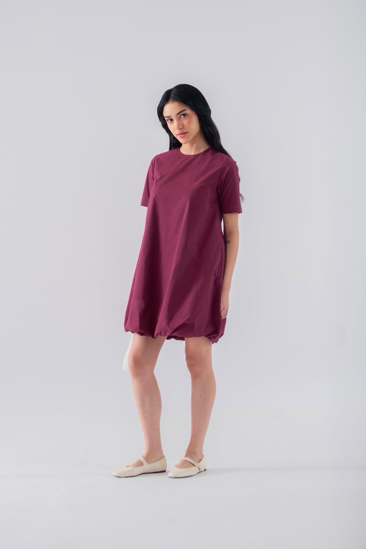 100% Cotton Poplin Bubble-Hem Mini Dress - Wine