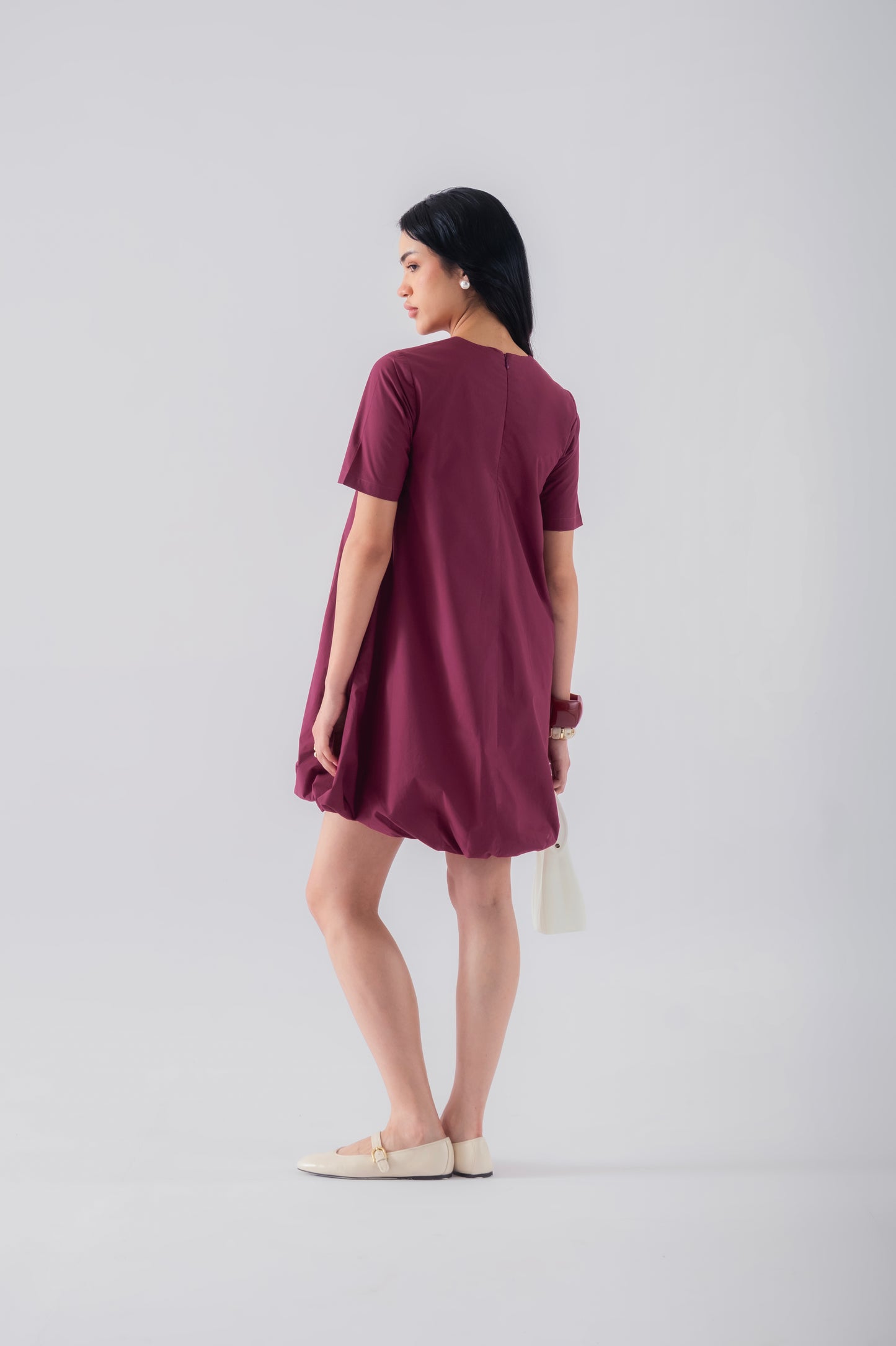 100% Cotton Poplin Bubble-Hem Mini Dress - Wine