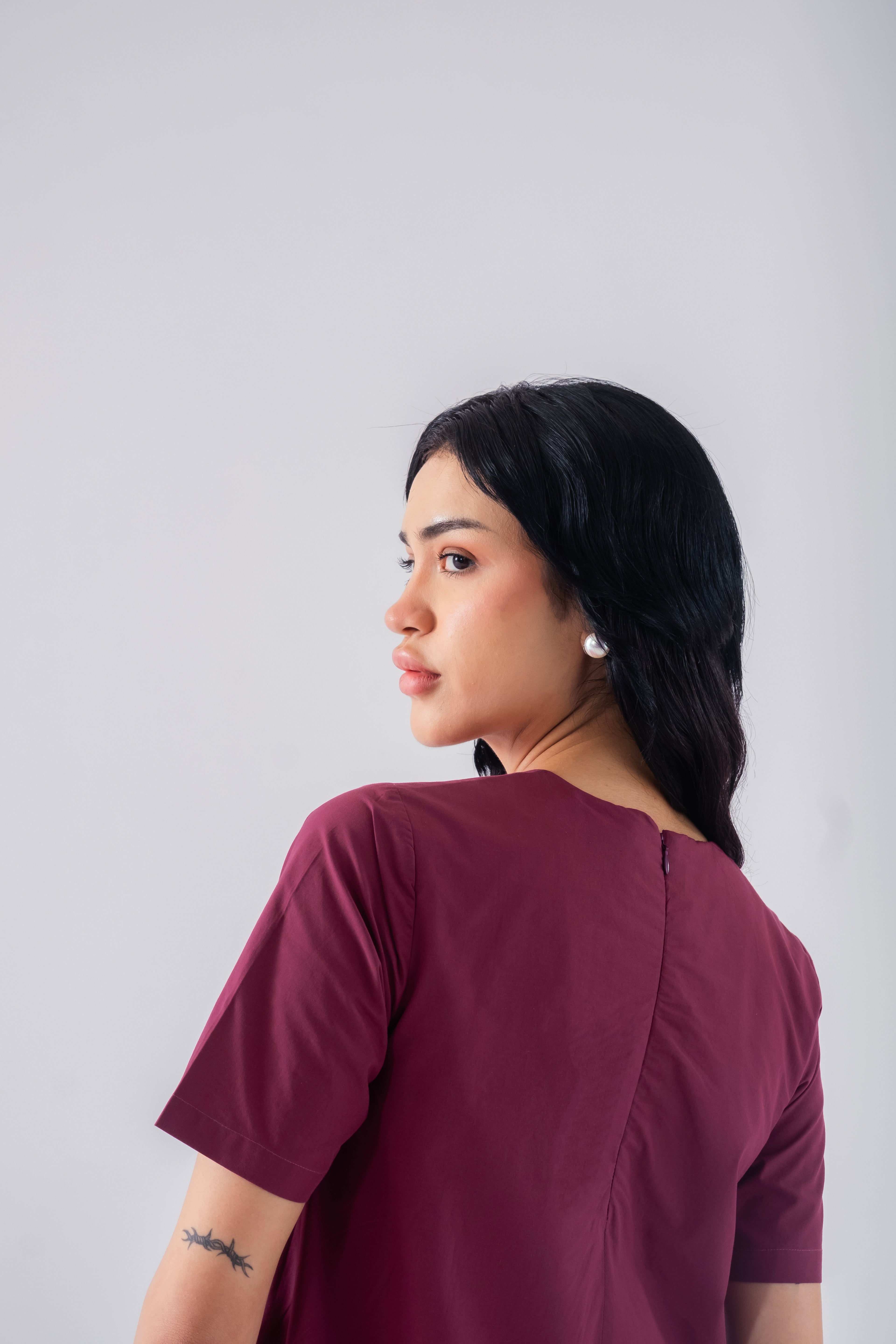 100% Cotton Poplin Bubble-Hem Mini Dress - Wine