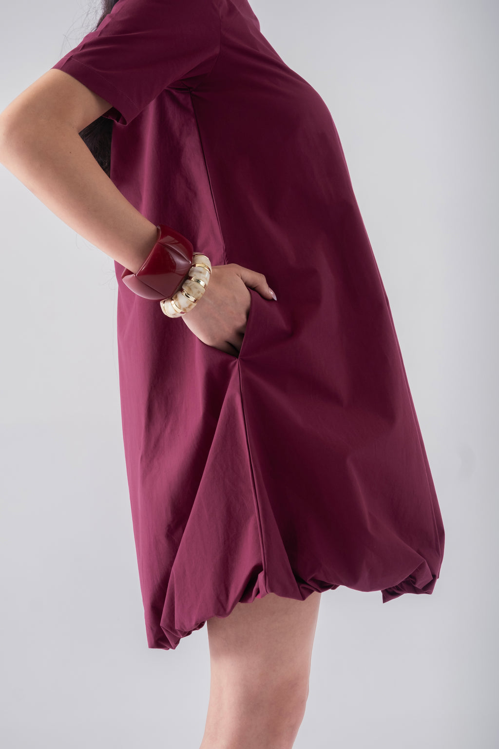 100% Cotton Poplin Bubble-Hem Mini Dress - Wine