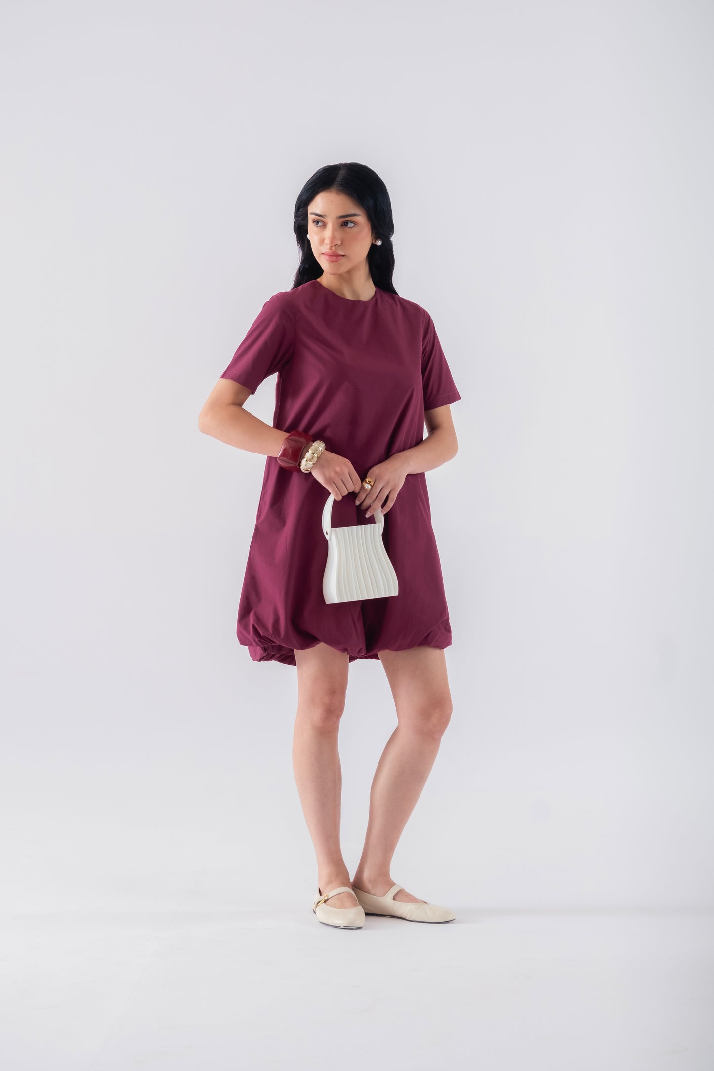 100% Cotton Poplin Bubble-Hem Mini Dress - Wine
