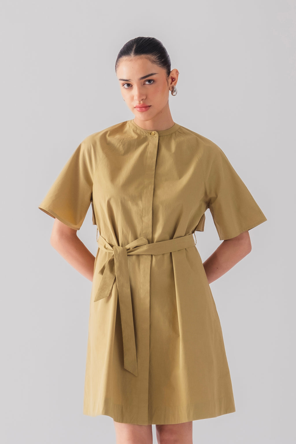 100% Cotton Poplin Trench-Style Mini Dress - Olive Stone