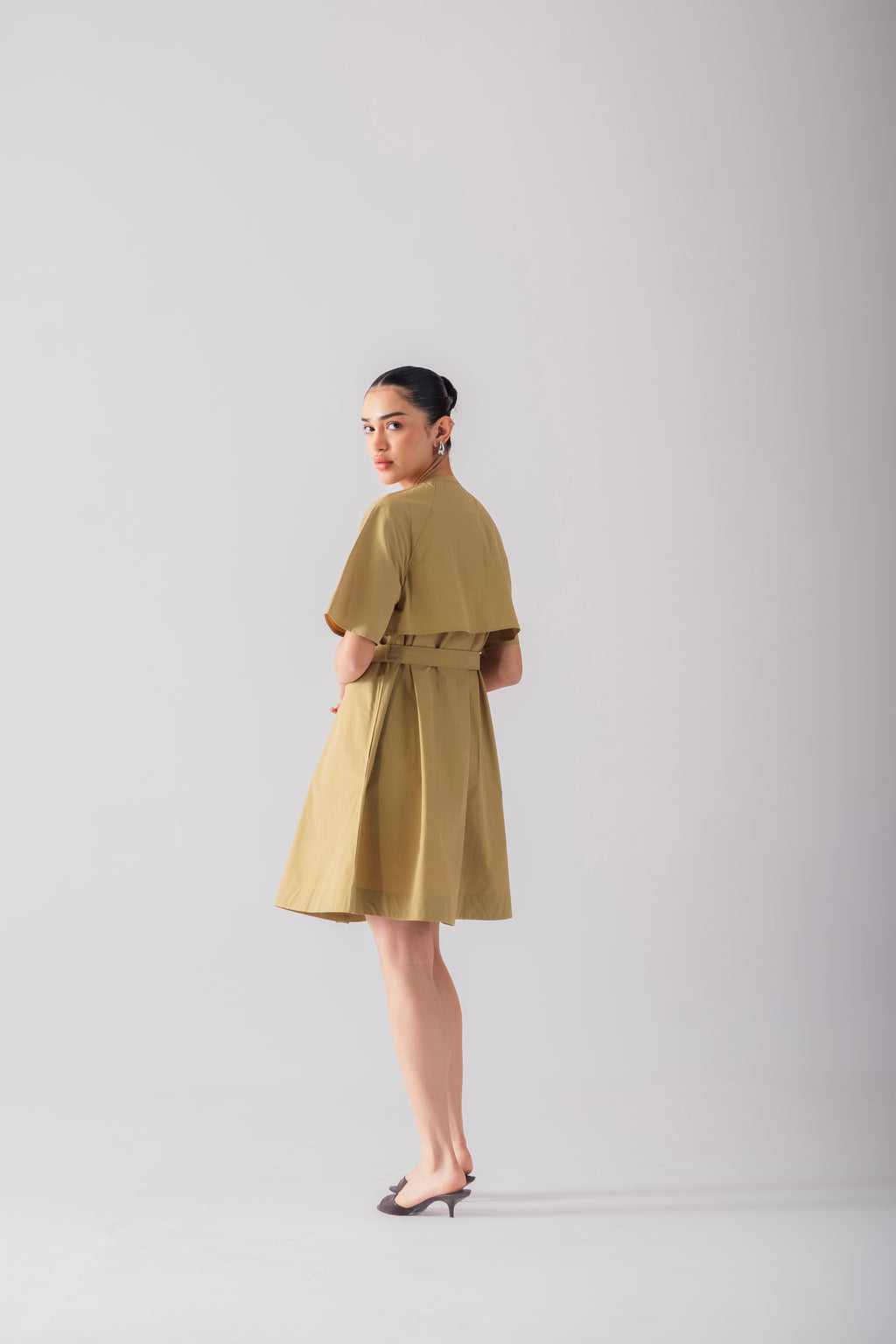 100% Cotton Poplin Trench-Style Mini Dress - Olive Stone