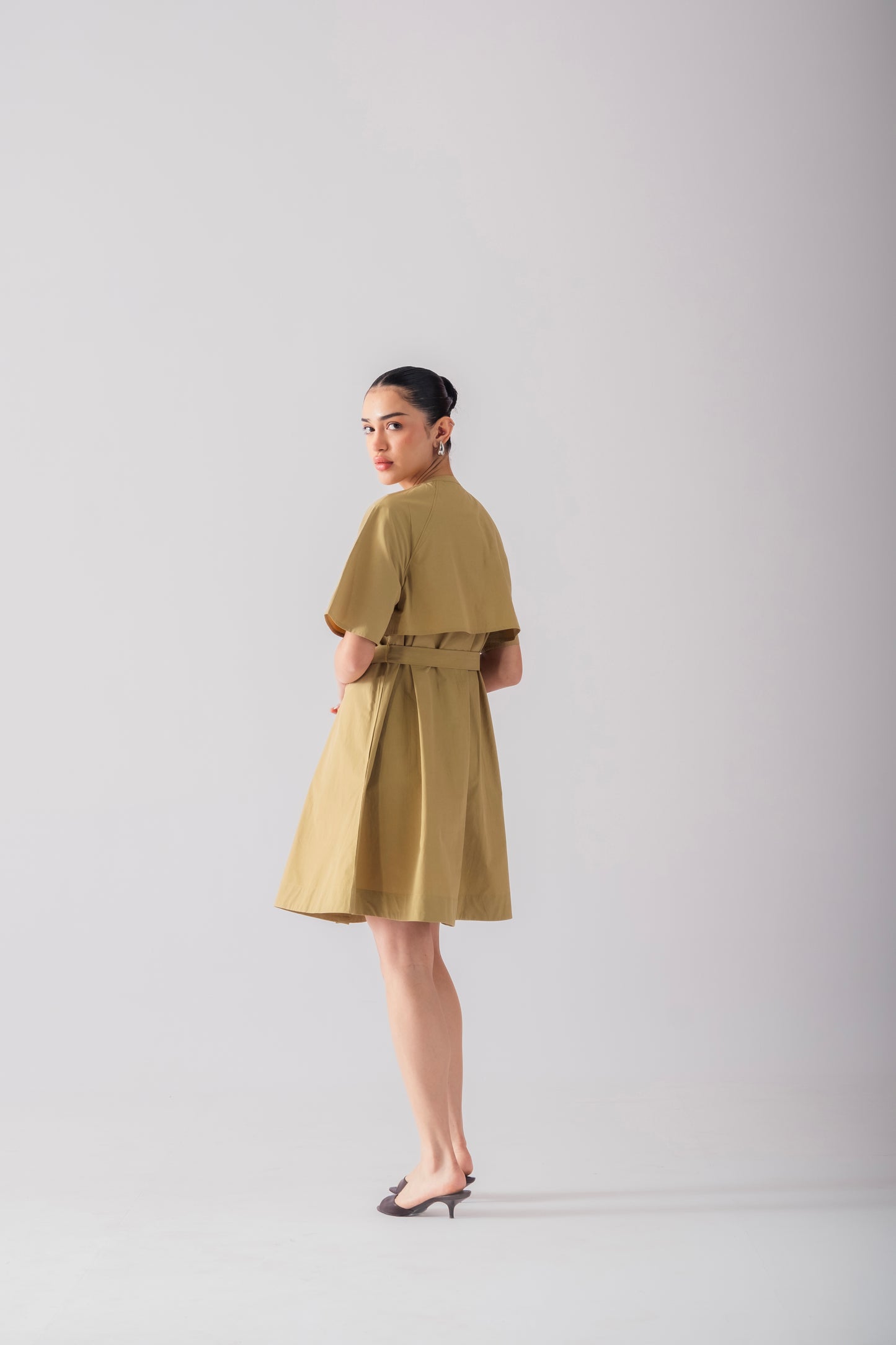 100% Cotton Poplin Trench-Style Mini Dress - Olive Stone