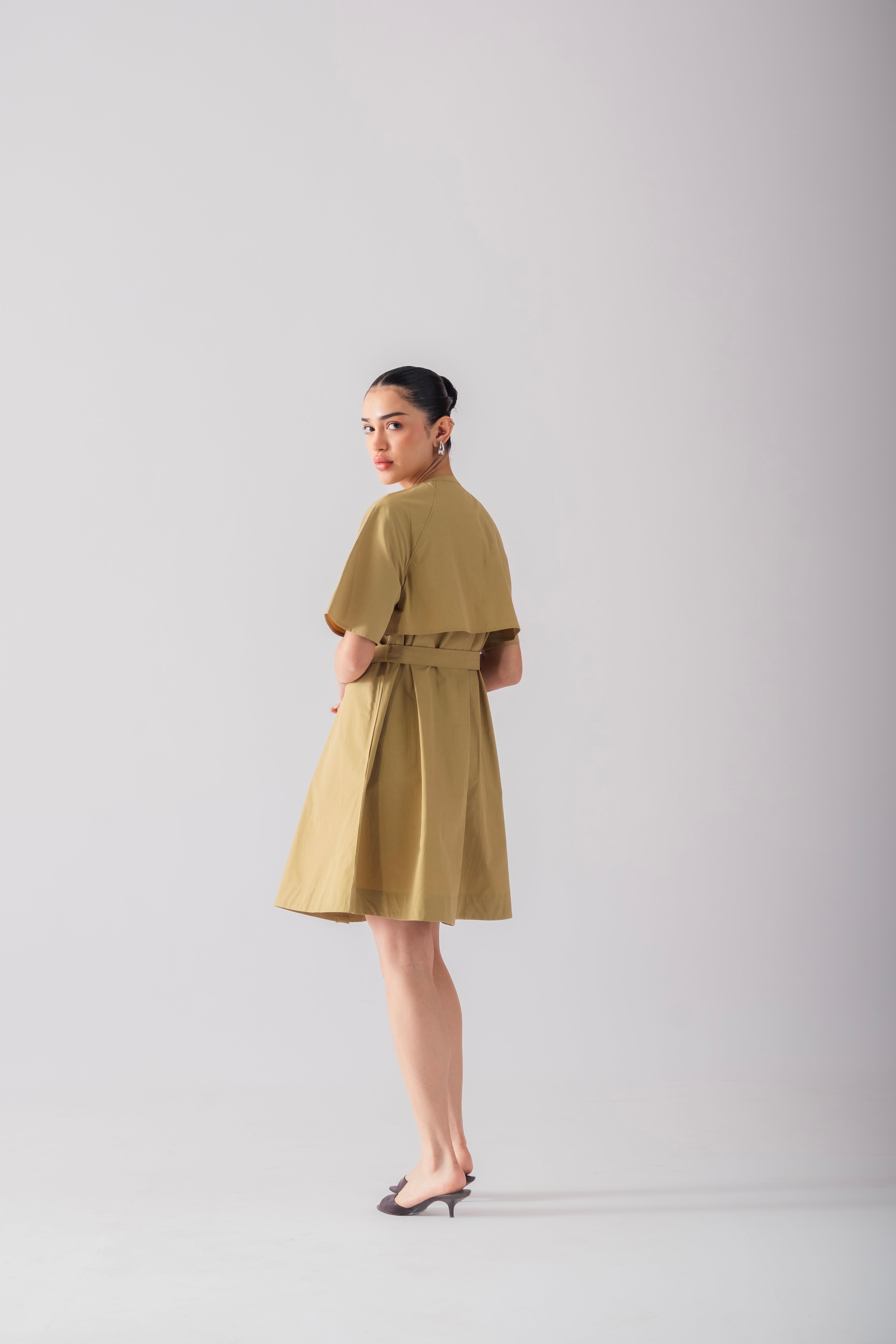 100% Cotton Poplin Trench-Style Mini Dress - Olive Stone