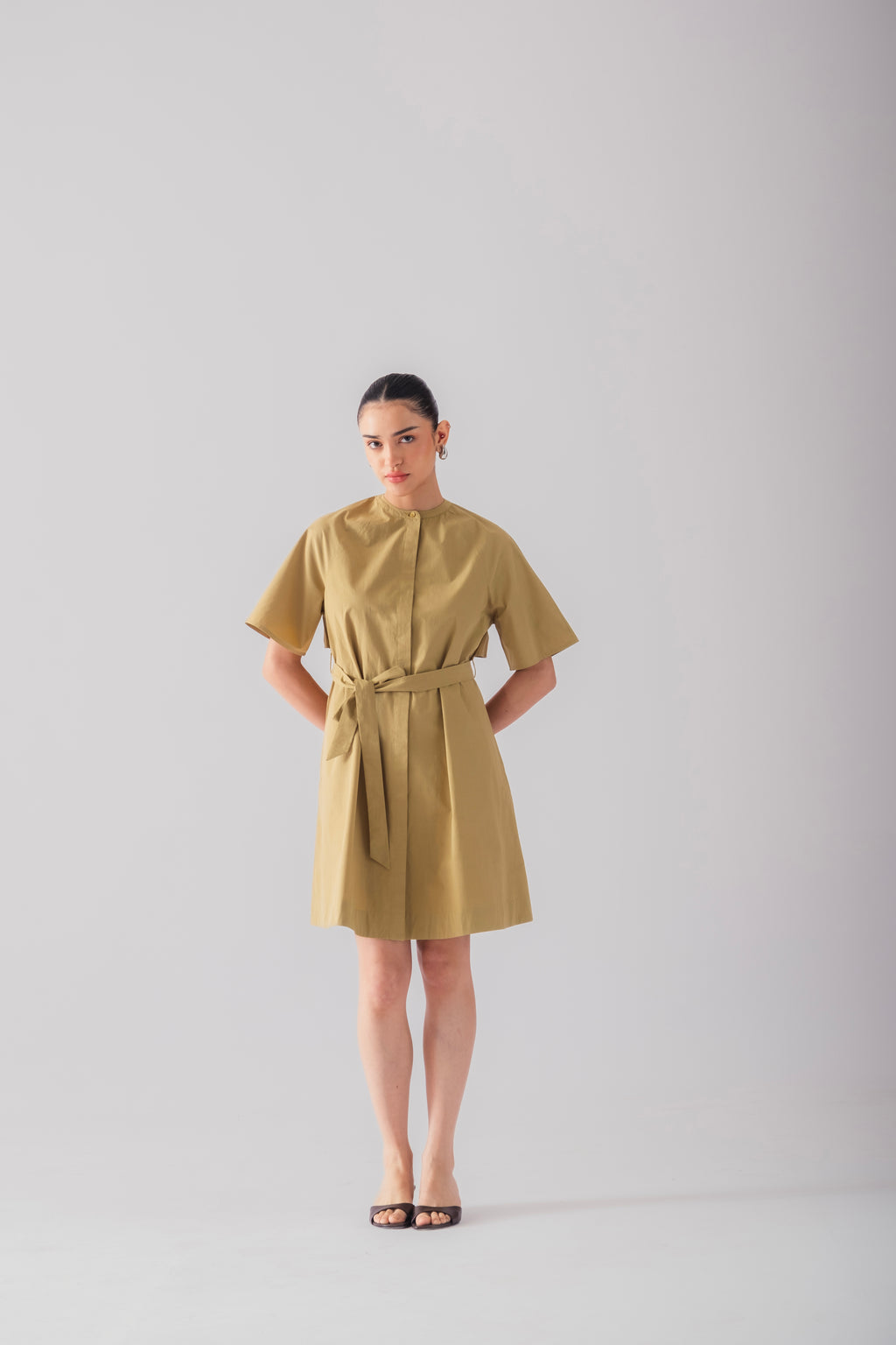 100% Cotton Poplin Trench-Style Mini Dress - Olive Stone