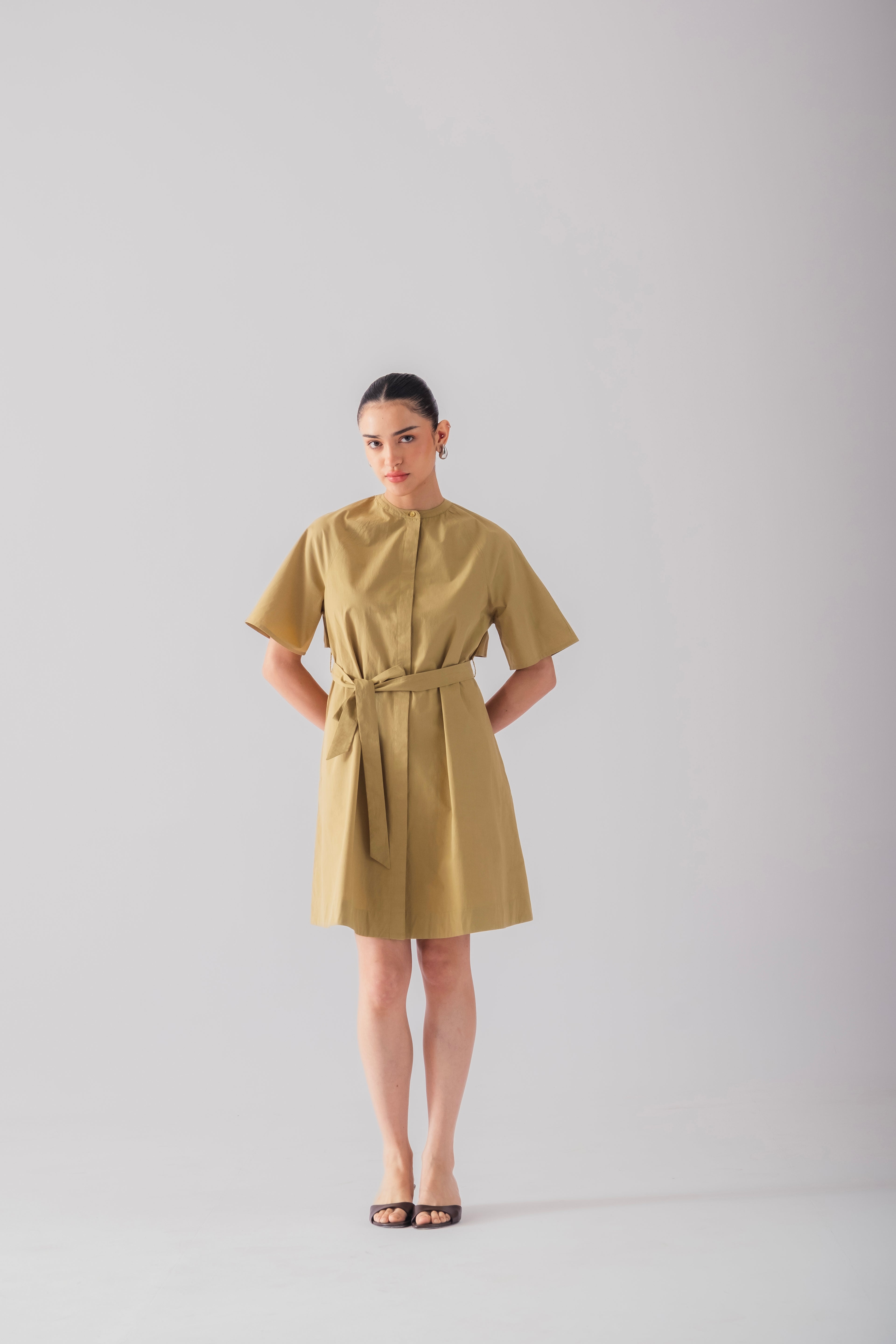 100% Cotton Poplin Trench-Style Mini Dress - Olive Stone