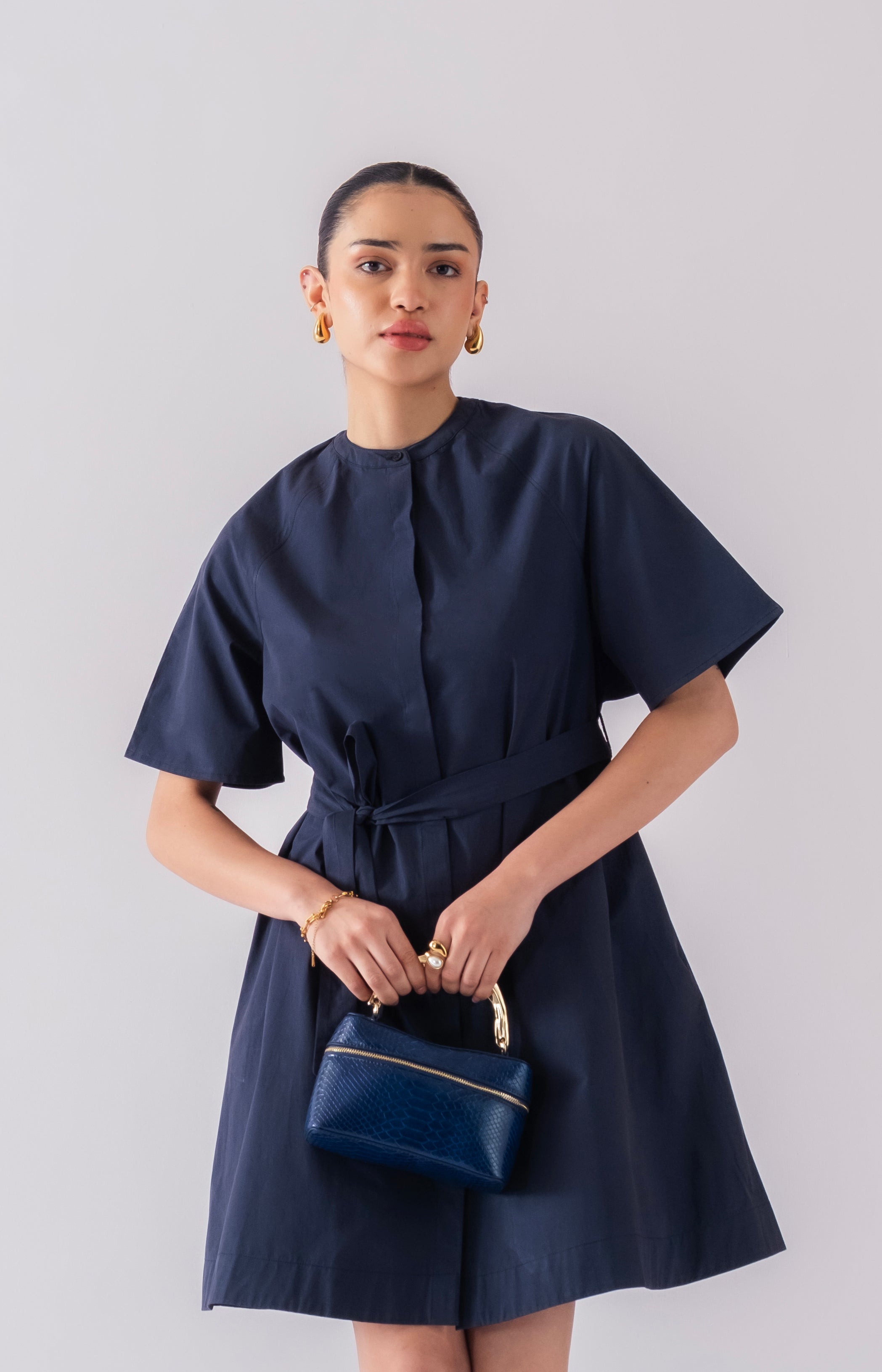 100% Cotton Poplin Trench-Style Mini Dress - Navy