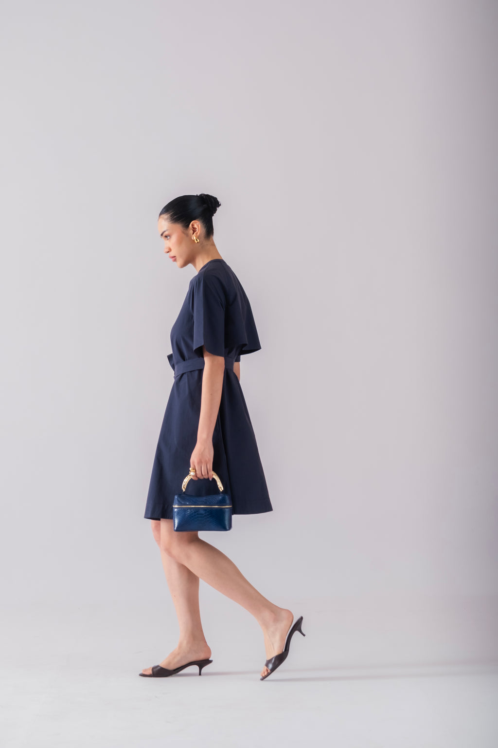 100% Cotton Poplin Trench-Style Mini Dress - Navy