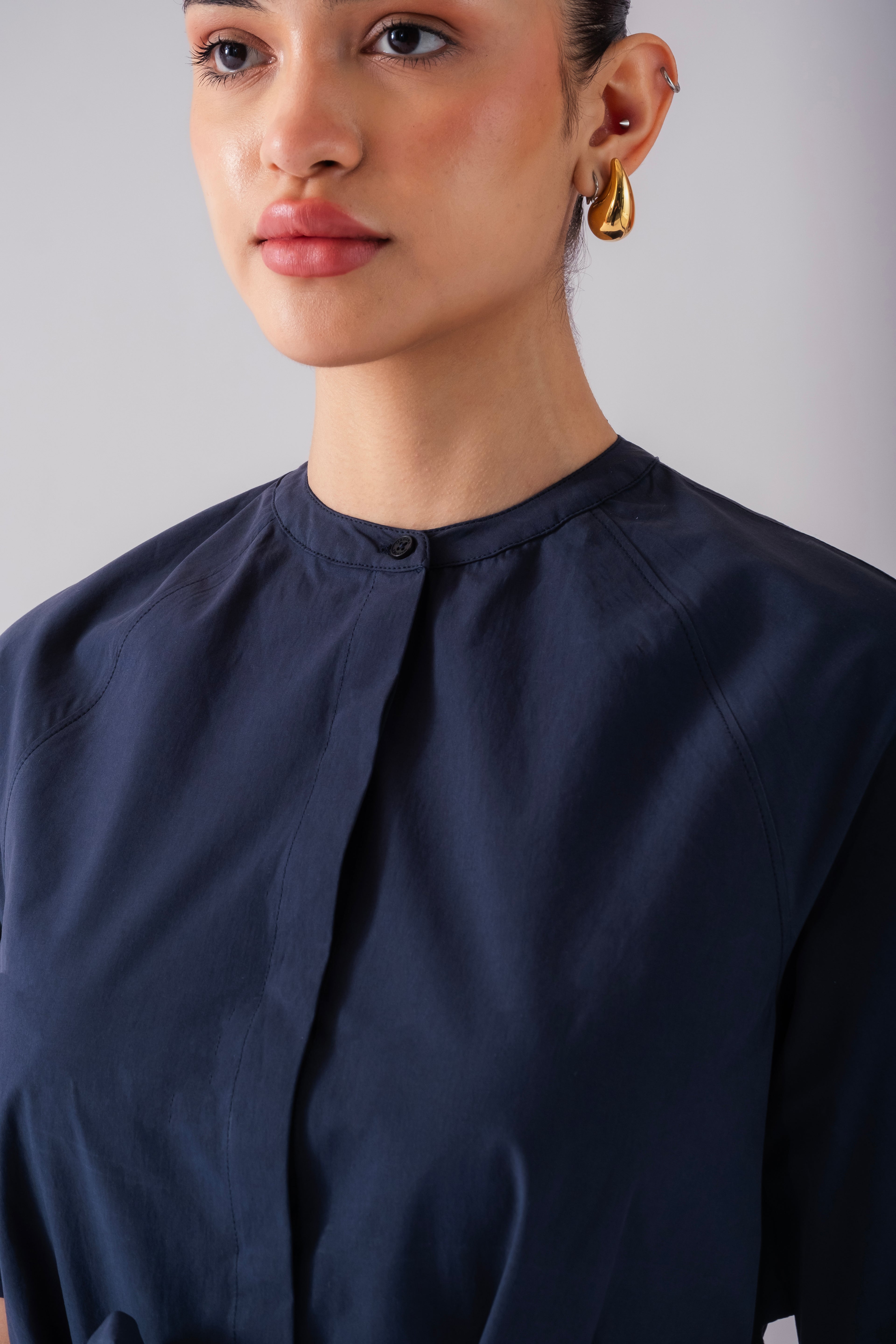 100% Cotton Poplin Trench-Style Mini Dress - Navy