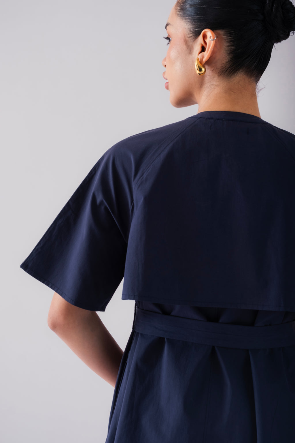 100% Cotton Poplin Trench-Style Mini Dress - Navy