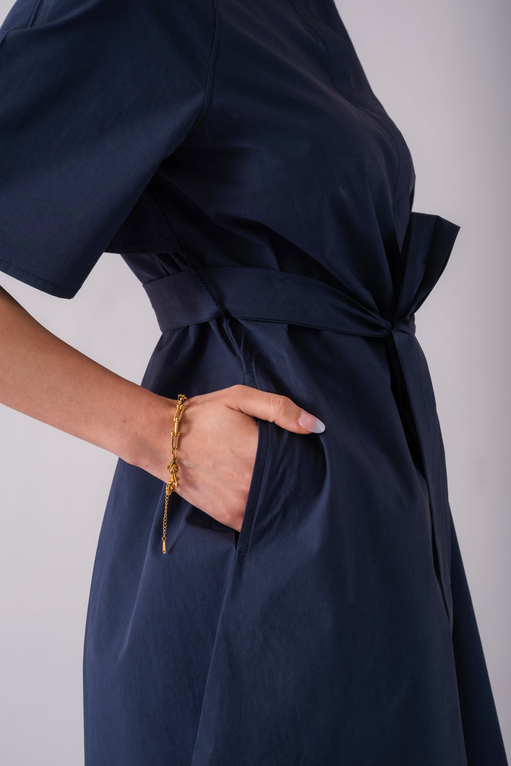100% Cotton Poplin Trench-Style Mini Dress - Navy