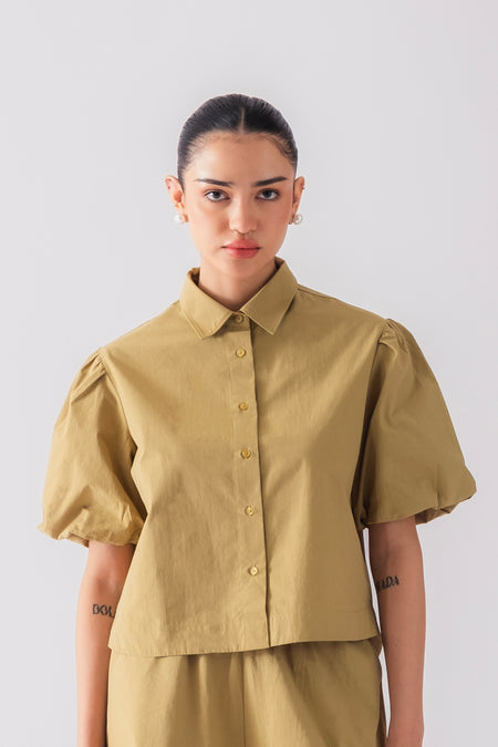 100% Cotton Poplin Puff-Sleeve Cropped Shirt - Olive Stone
