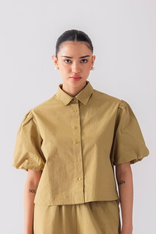 100% Cotton Poplin Puff-Sleeve Cropped Shirt - Olive Stone