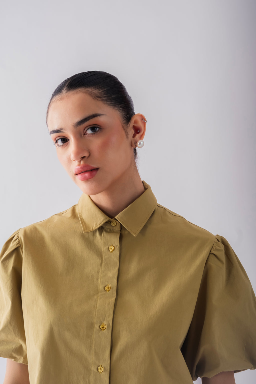 100% Cotton Poplin Puff-Sleeve Cropped Shirt - Olive Stone