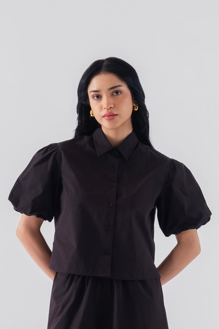 100% Cotton Poplin Puff-Sleeve Cropped Shirt - Black