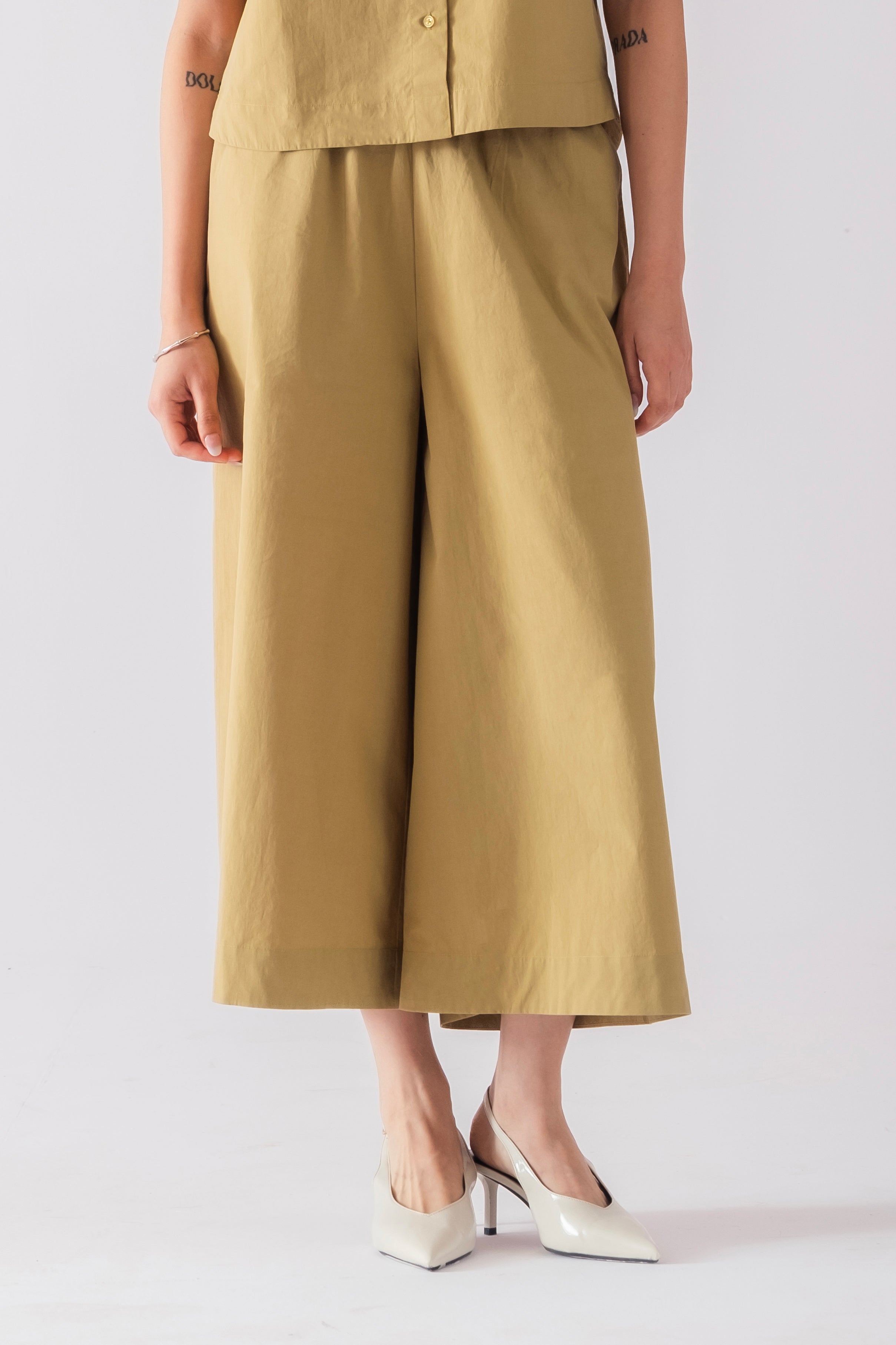 100% Cotton Poplin Pull-On Culottes - Olive Stone
