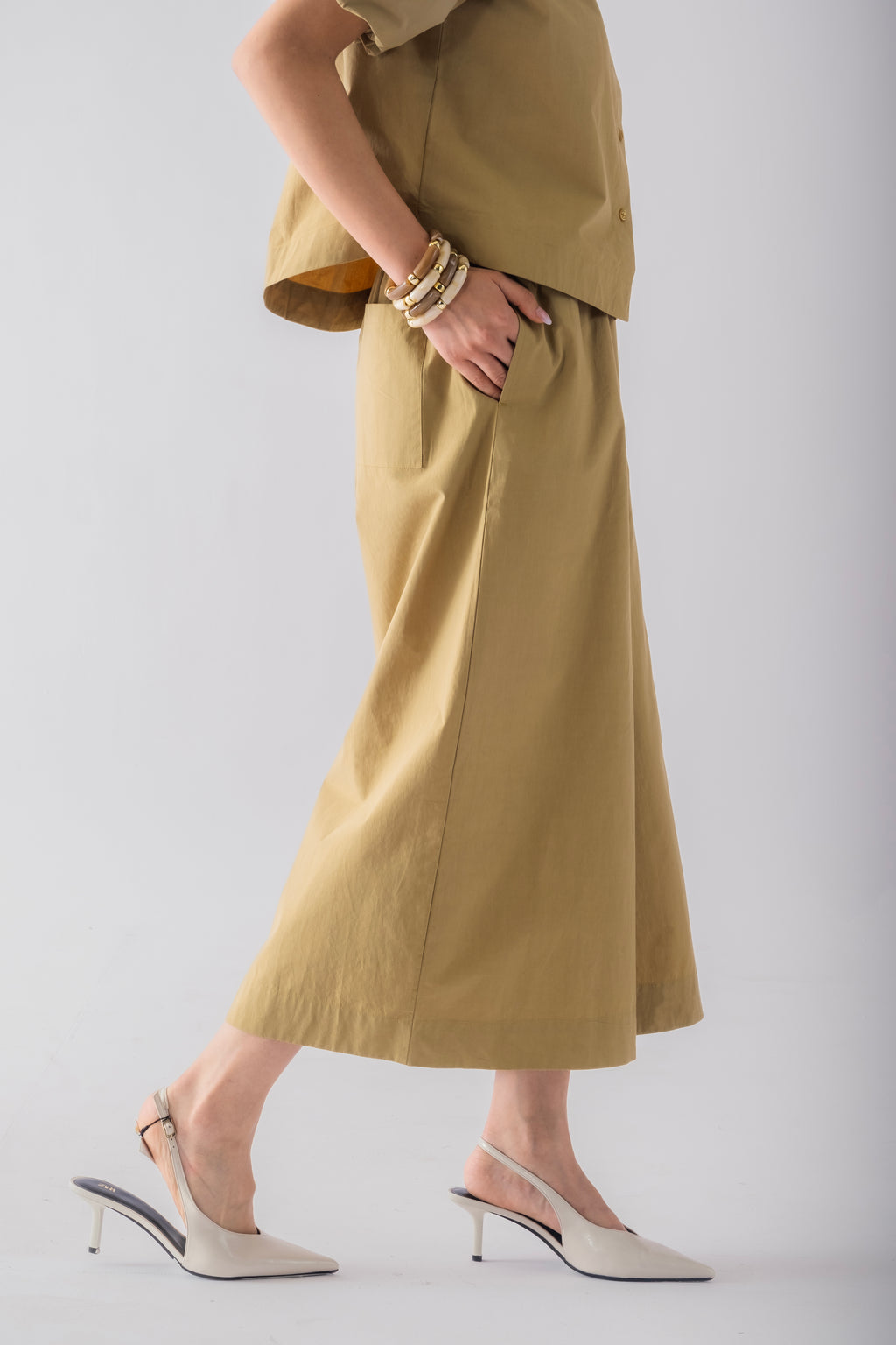 100% Cotton Poplin Pull-On Culottes - Olive Stone