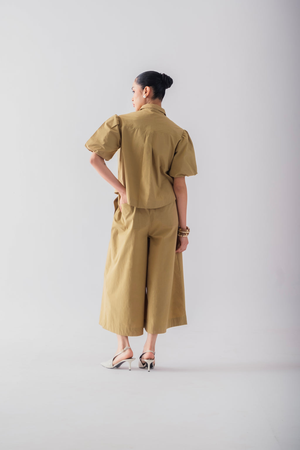 100% Cotton Poplin Pull-On Culottes - Olive Stone