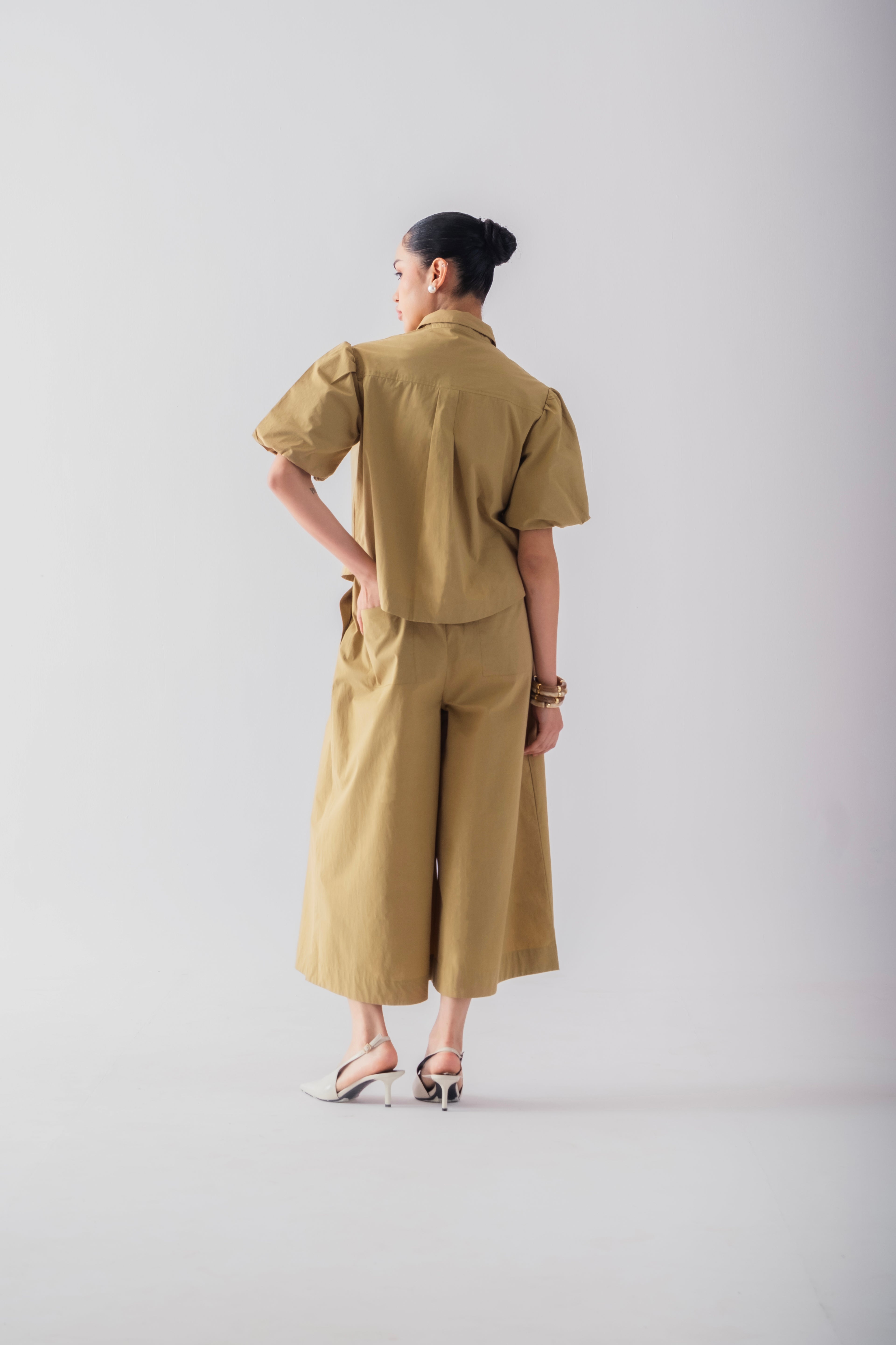 100% Cotton Poplin Pull-On Culottes - Olive Stone