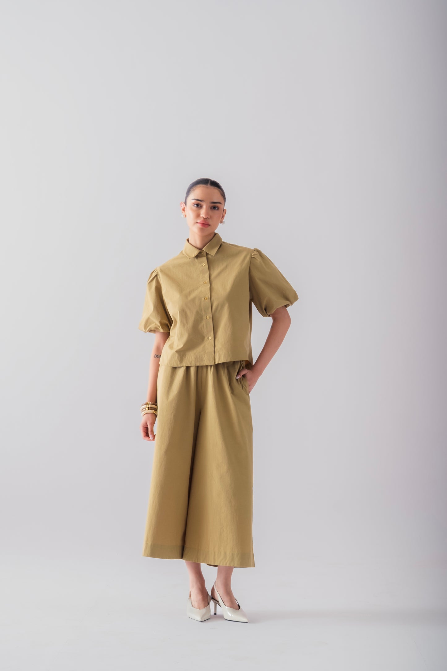 100% Cotton Poplin Pull-On Culottes - Olive Stone