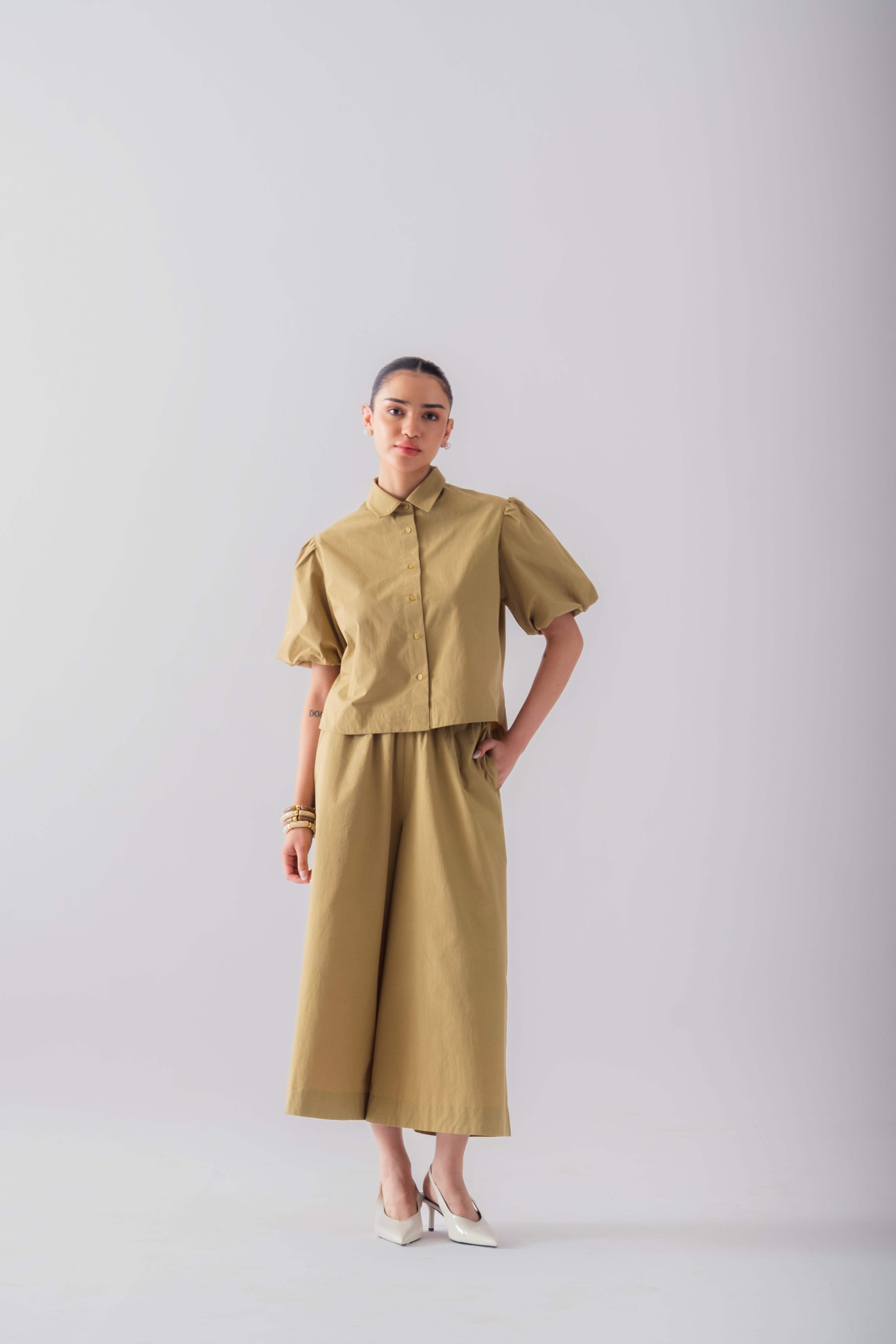 100% Cotton Poplin Pull-On Culottes - Olive Stone