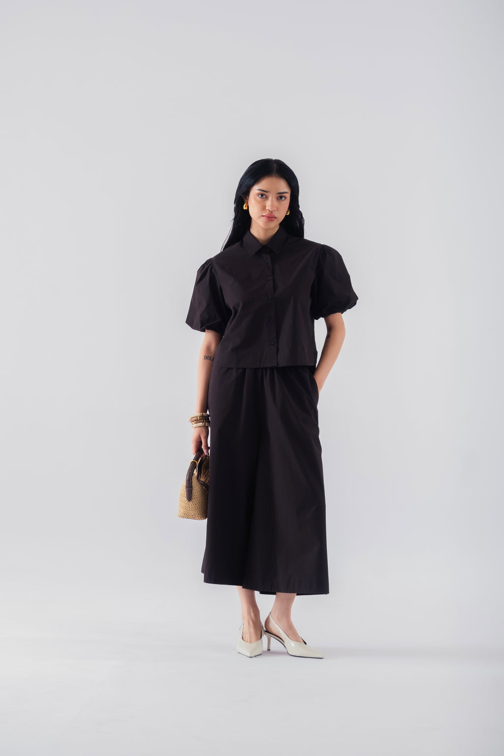100% Cotton Poplin Pull-On Culottes - Black