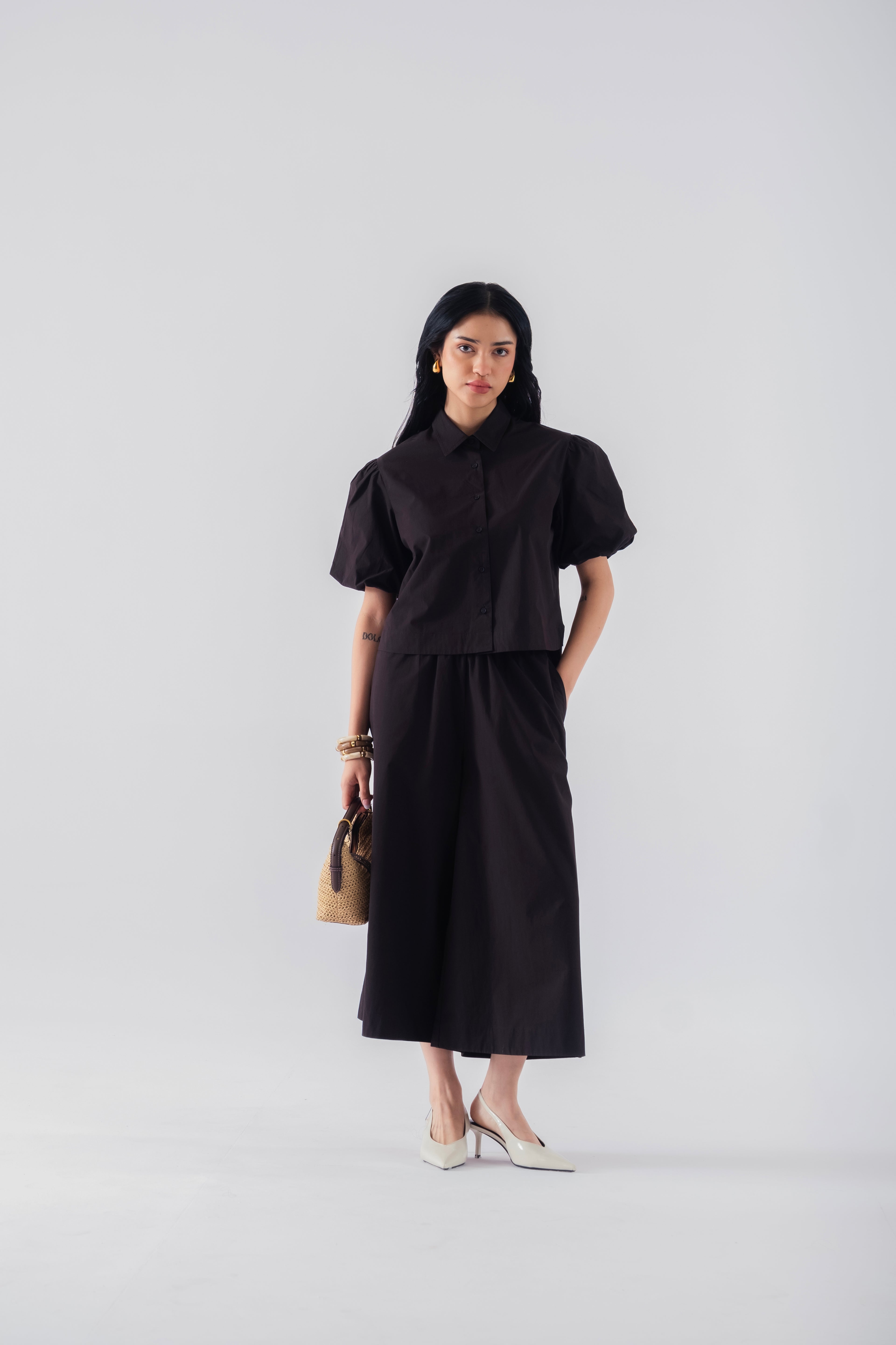 100% Cotton Poplin Pull-On Culottes - Black
