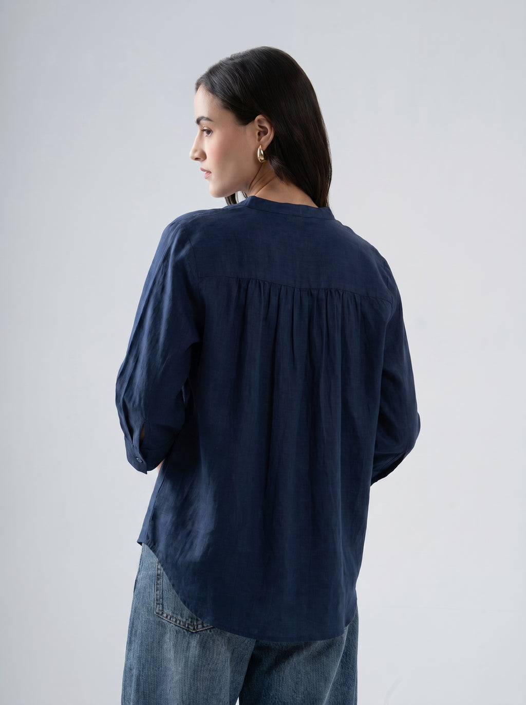 100% European Linen Mandarin Collar 3/4th Sleeve Shirt - Navy