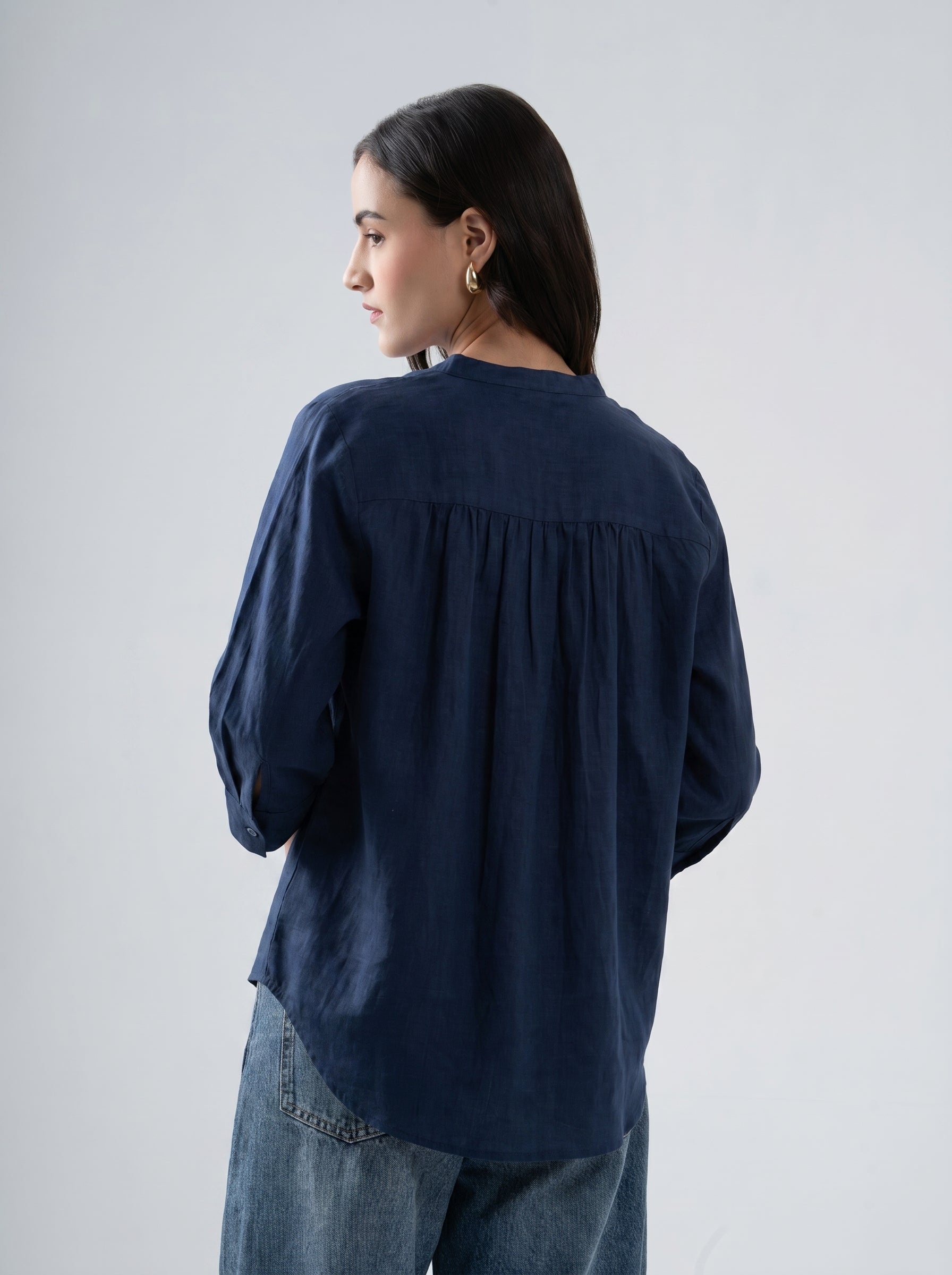 100% European Linen Mandarin Collar 3/4th Sleeve Shirt - Navy