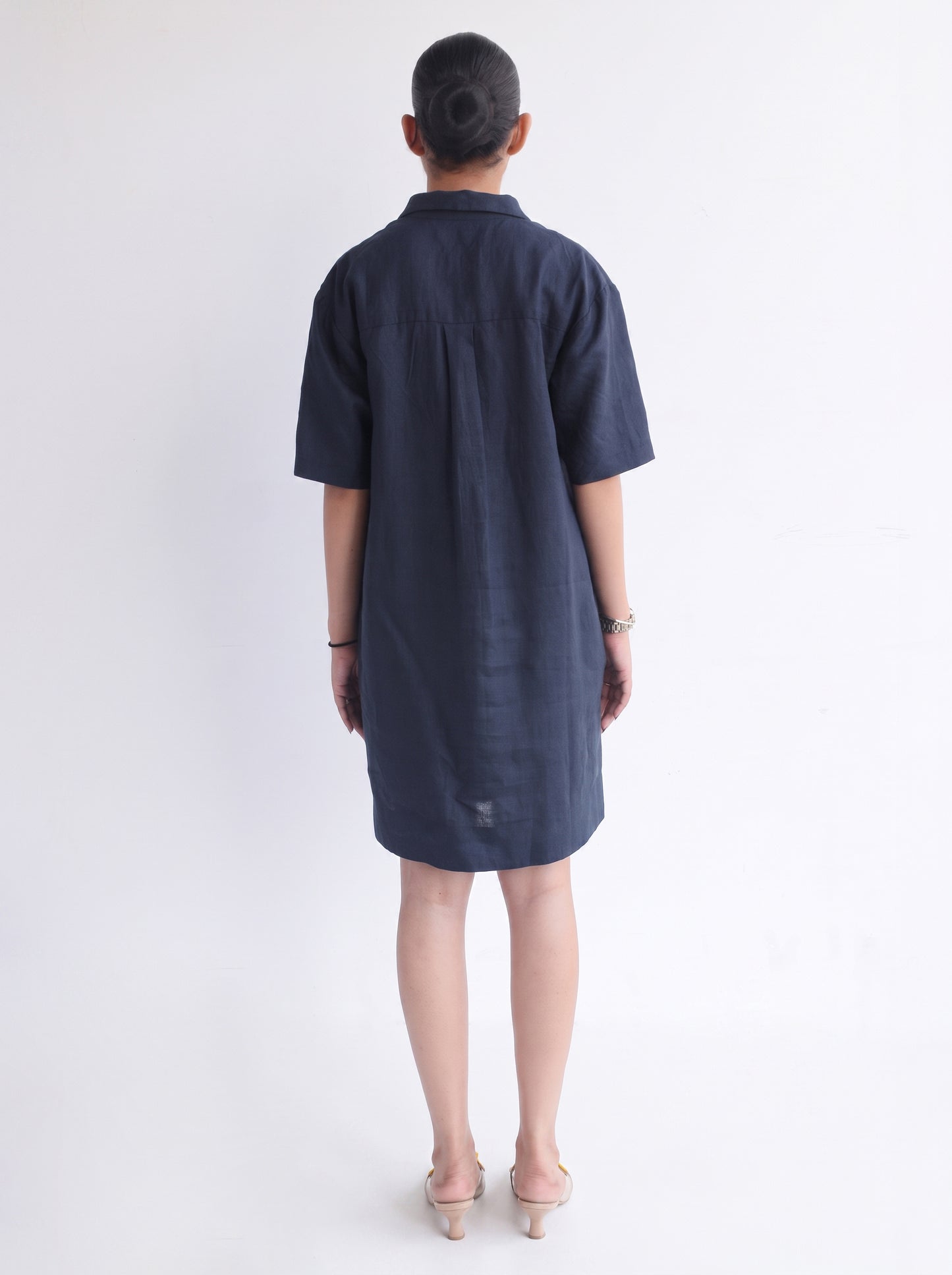 100% European Linen Popover Shirt Dress - Navy