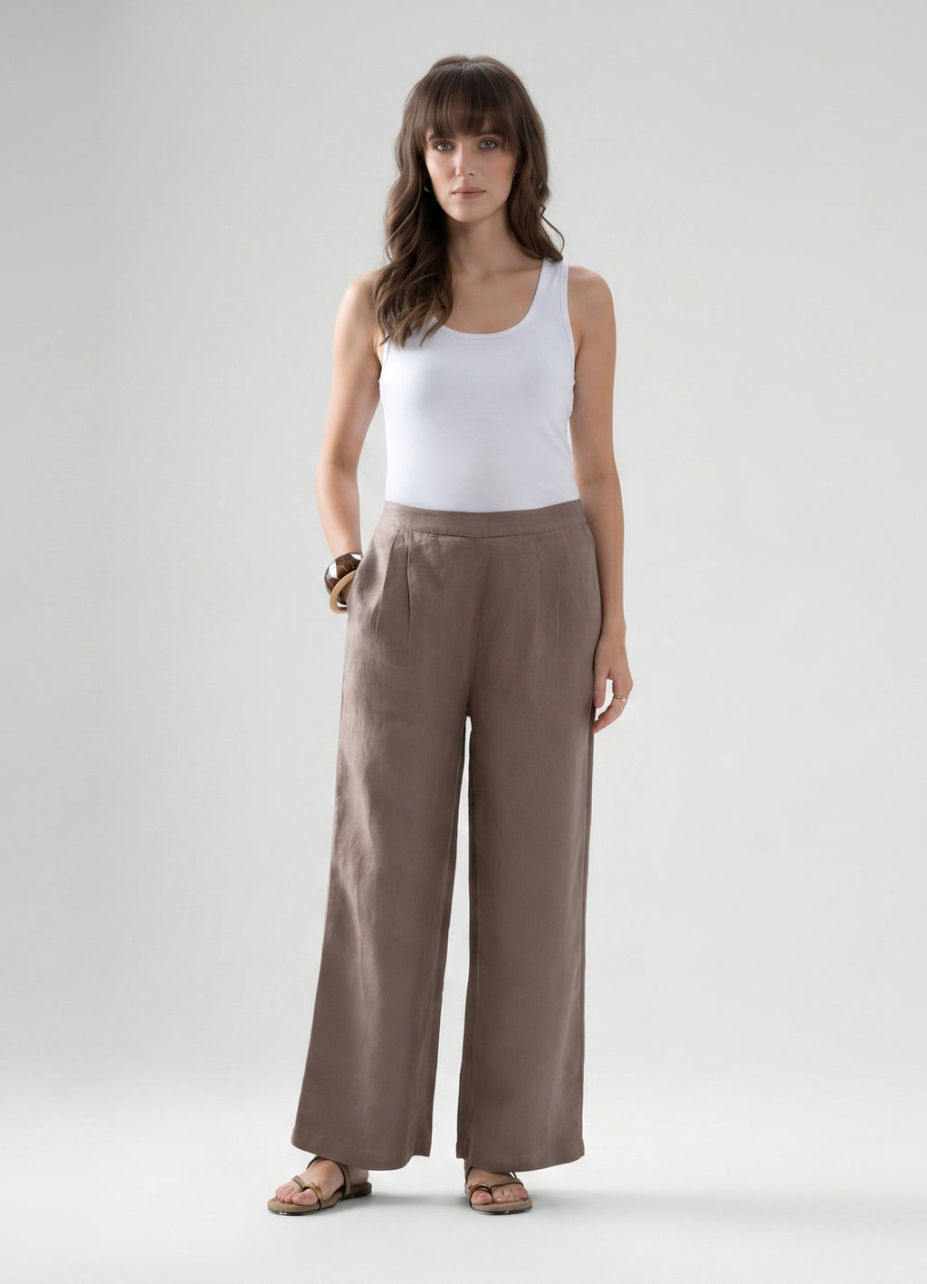 100% European Linen Relaxed Fit Wide Leg Trousers - Brown