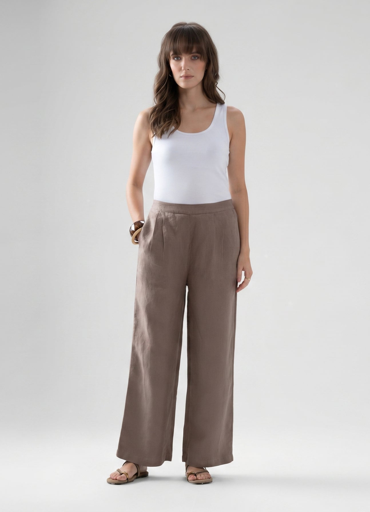 100% European Linen Relaxed Fit Wide Leg Trousers - Brown