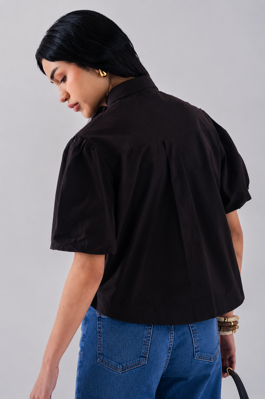 100% Cotton Poplin Puff-Sleeve Cropped Shirt - Black