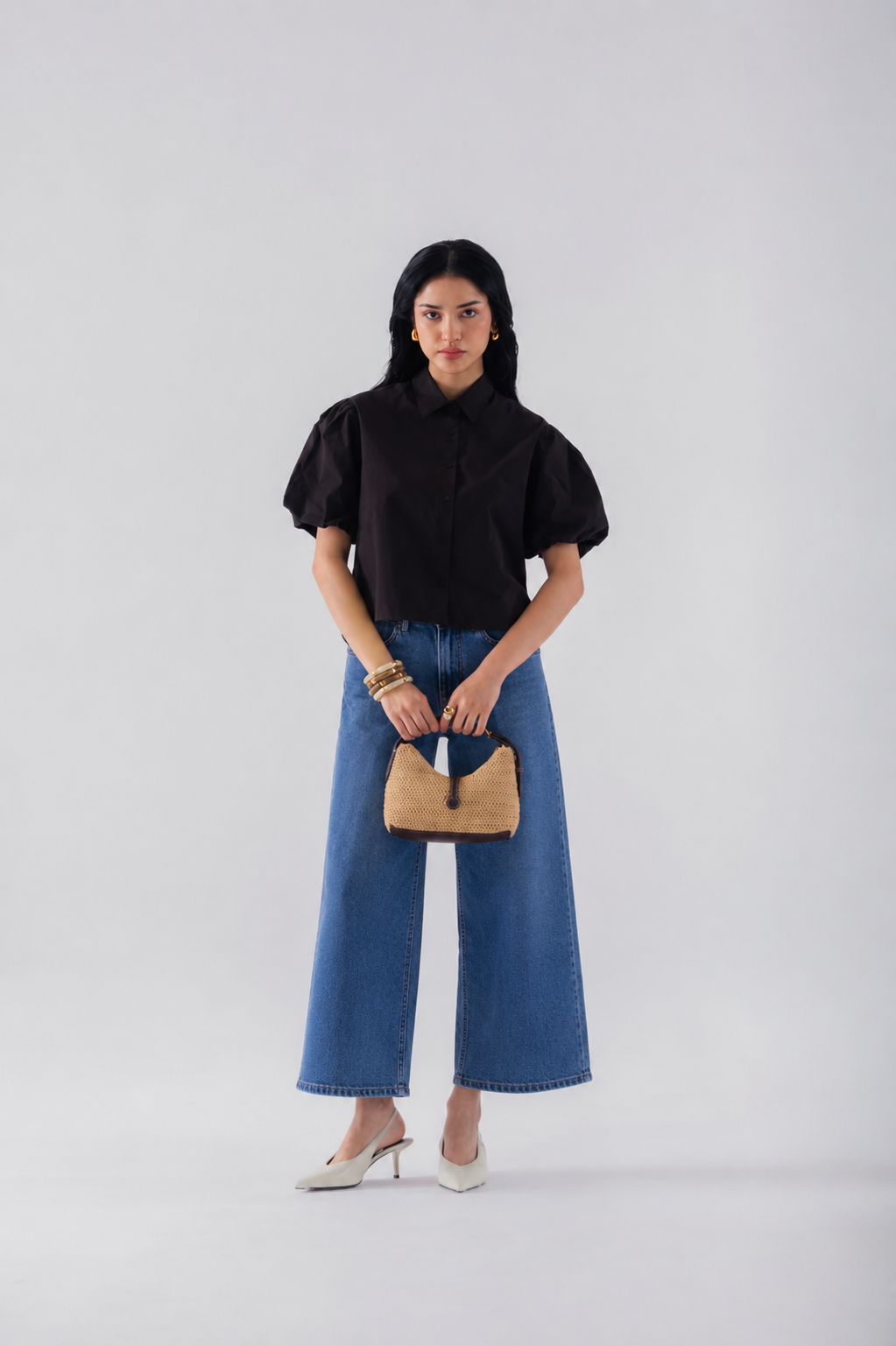 100% Cotton Poplin Puff-Sleeve Cropped Shirt - Black