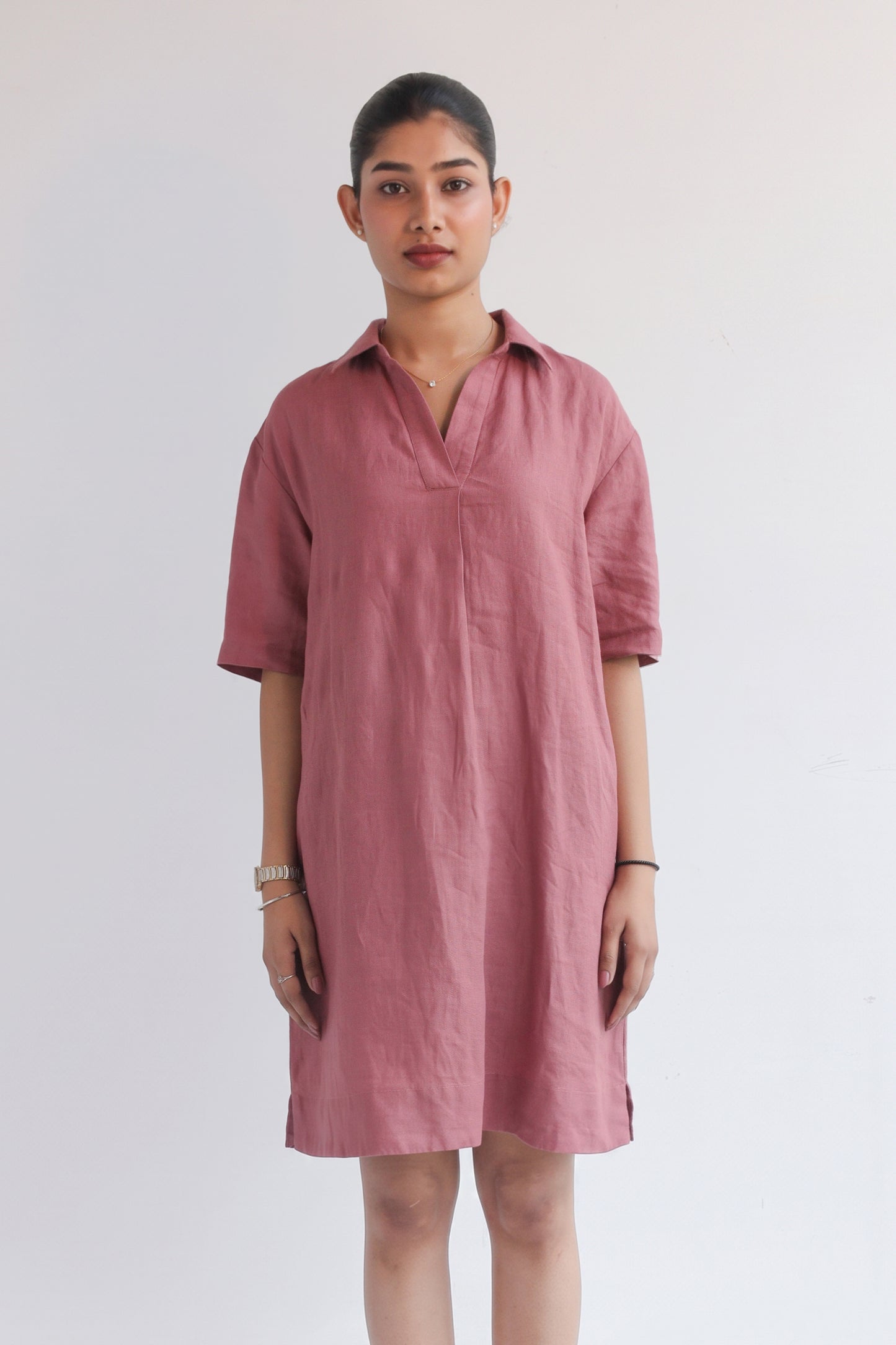 100% European Linen Popover Shirt Dress - Rose