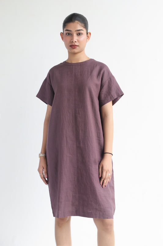 100% European Linen Oversized Casual Dress - Coffee Brown