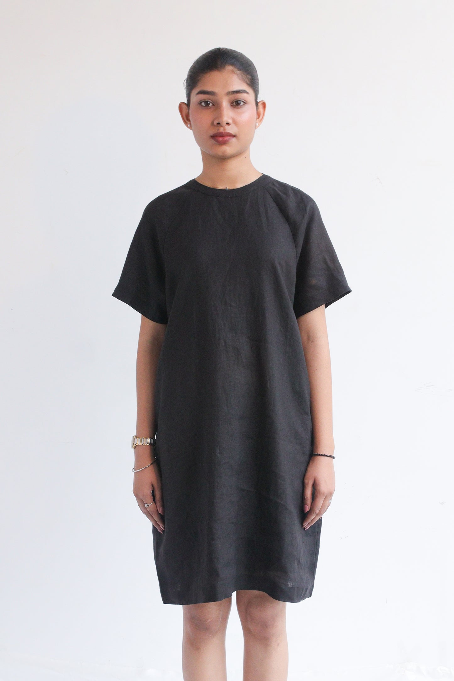 100% European Linen Easy Shift Dress - Black
