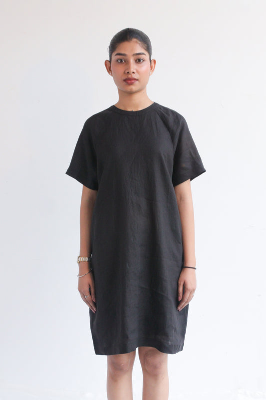 100% European Linen Easy Shift Dress - Black