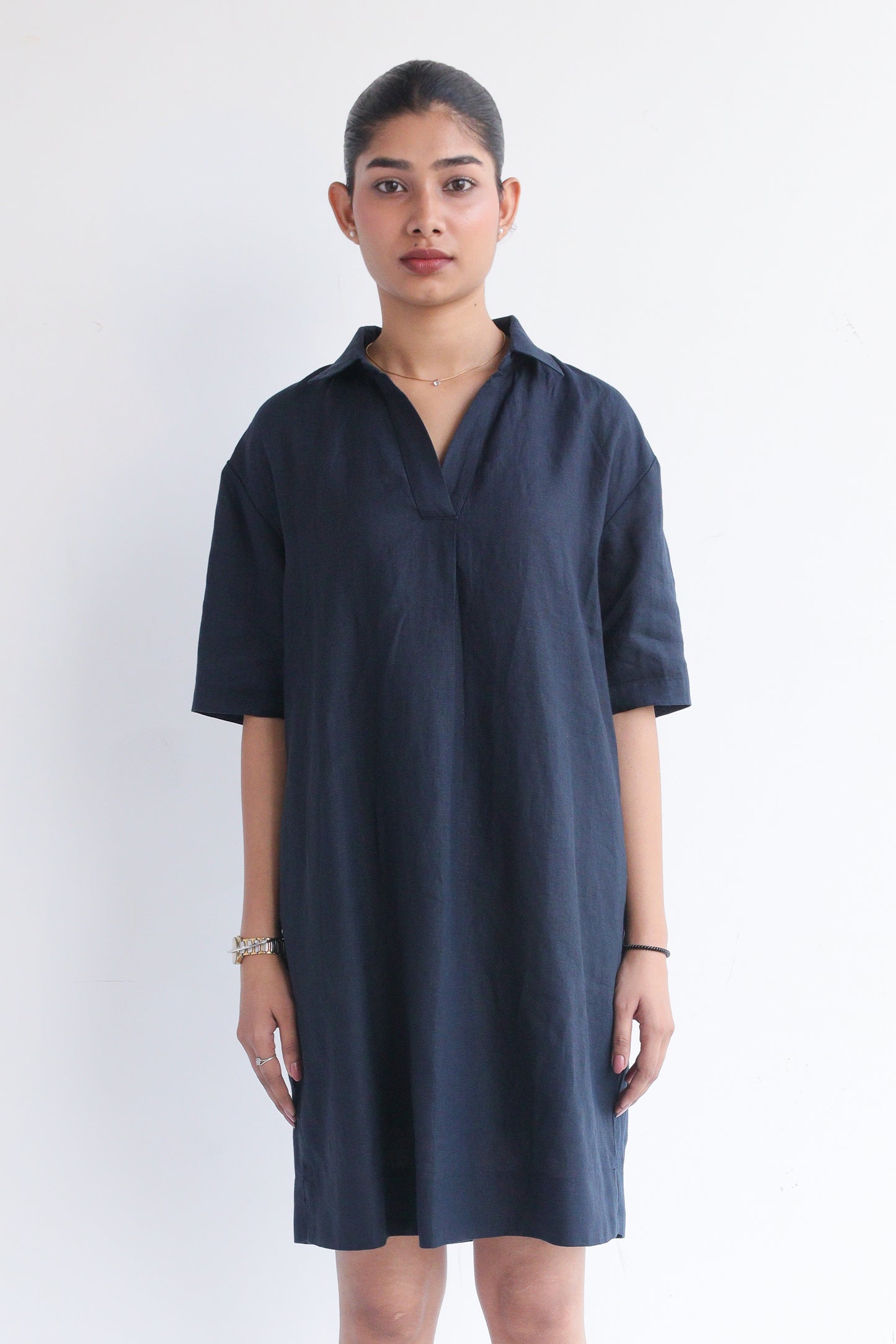 100% European Linen Popover Shirt Dress - Navy