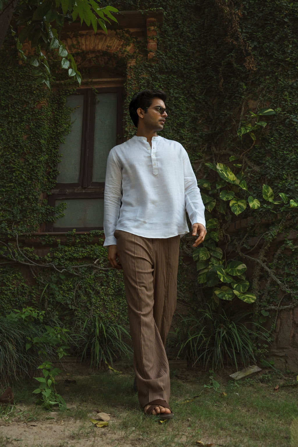 100% European Linen Relaxed Mandarin Collar Kurta - White