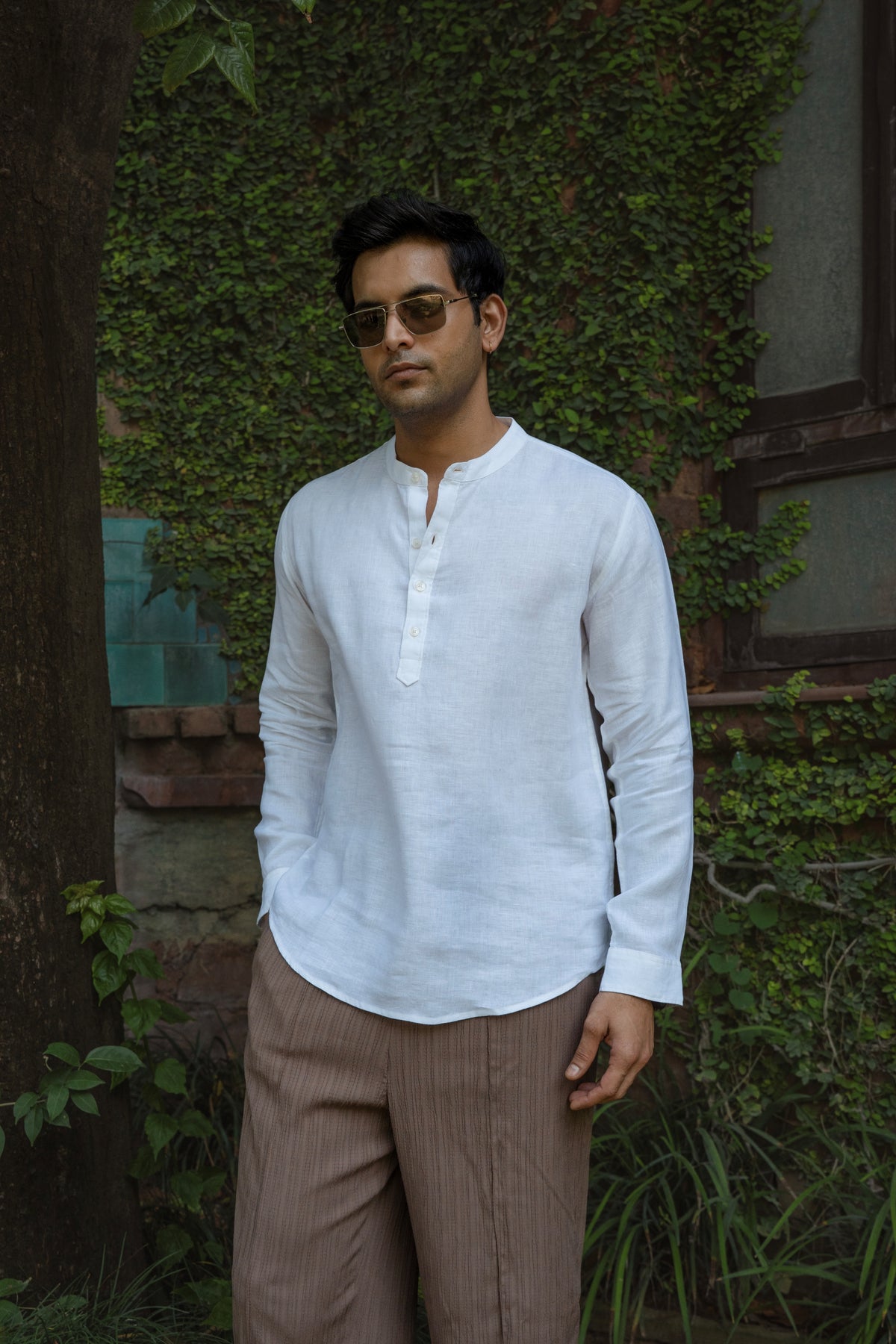 100% European Linen Relaxed Mandarin Collar Kurta - White