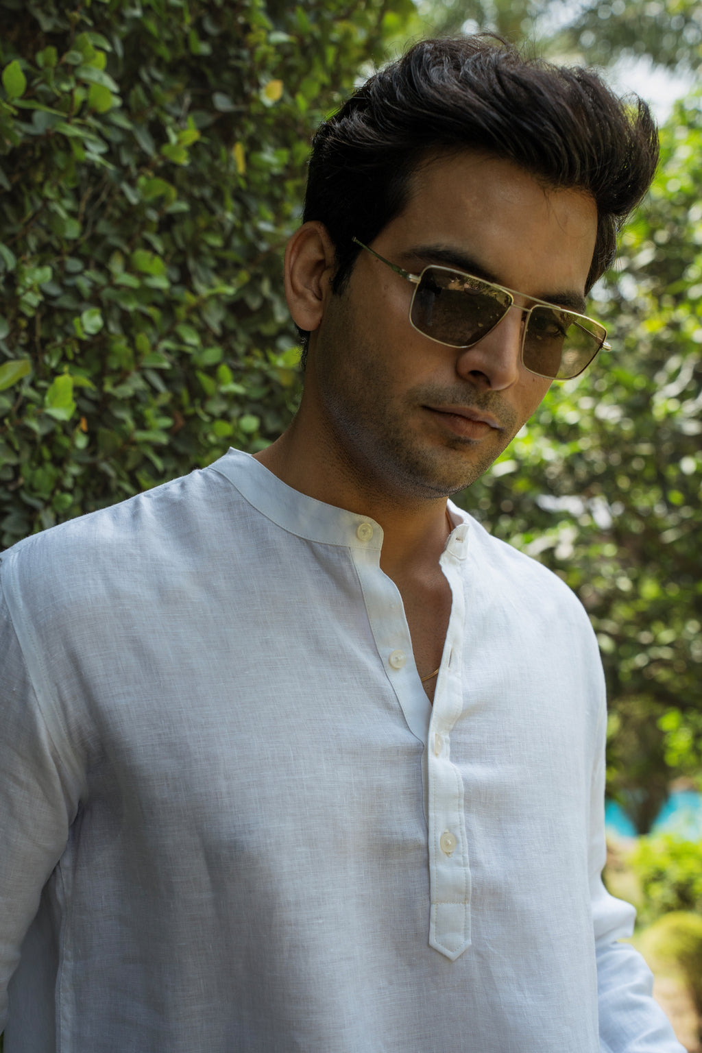 100% European Linen Relaxed Mandarin Collar Kurta - White