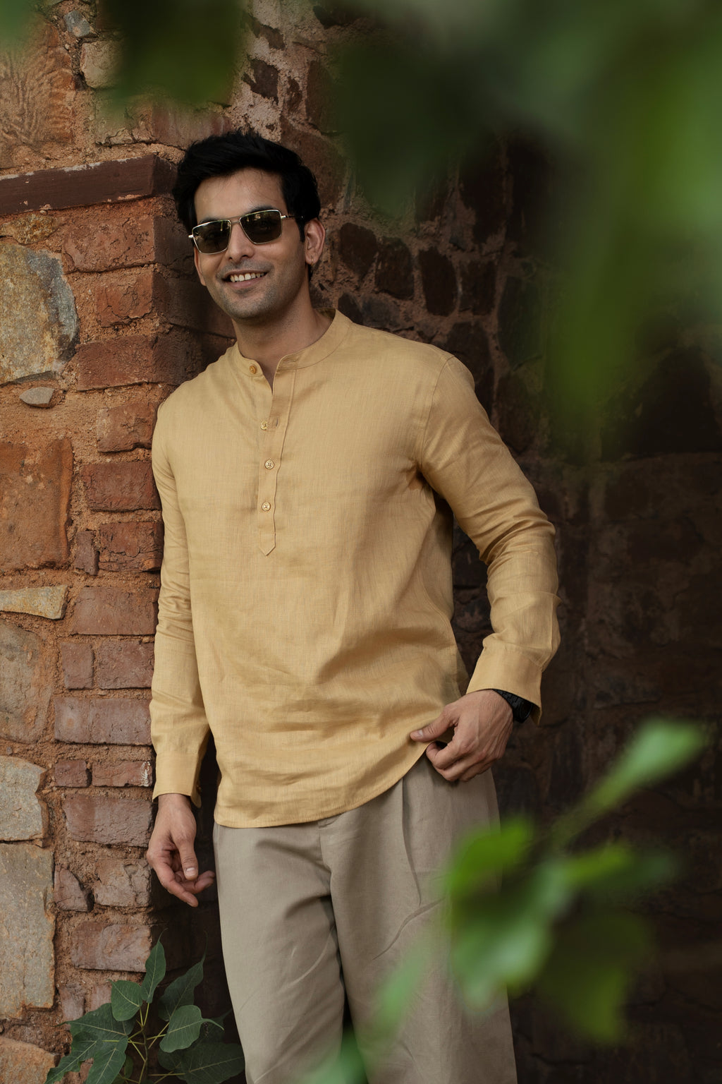 100% European Linen Relaxed Mandarin Collar Kurta - Sand Dune