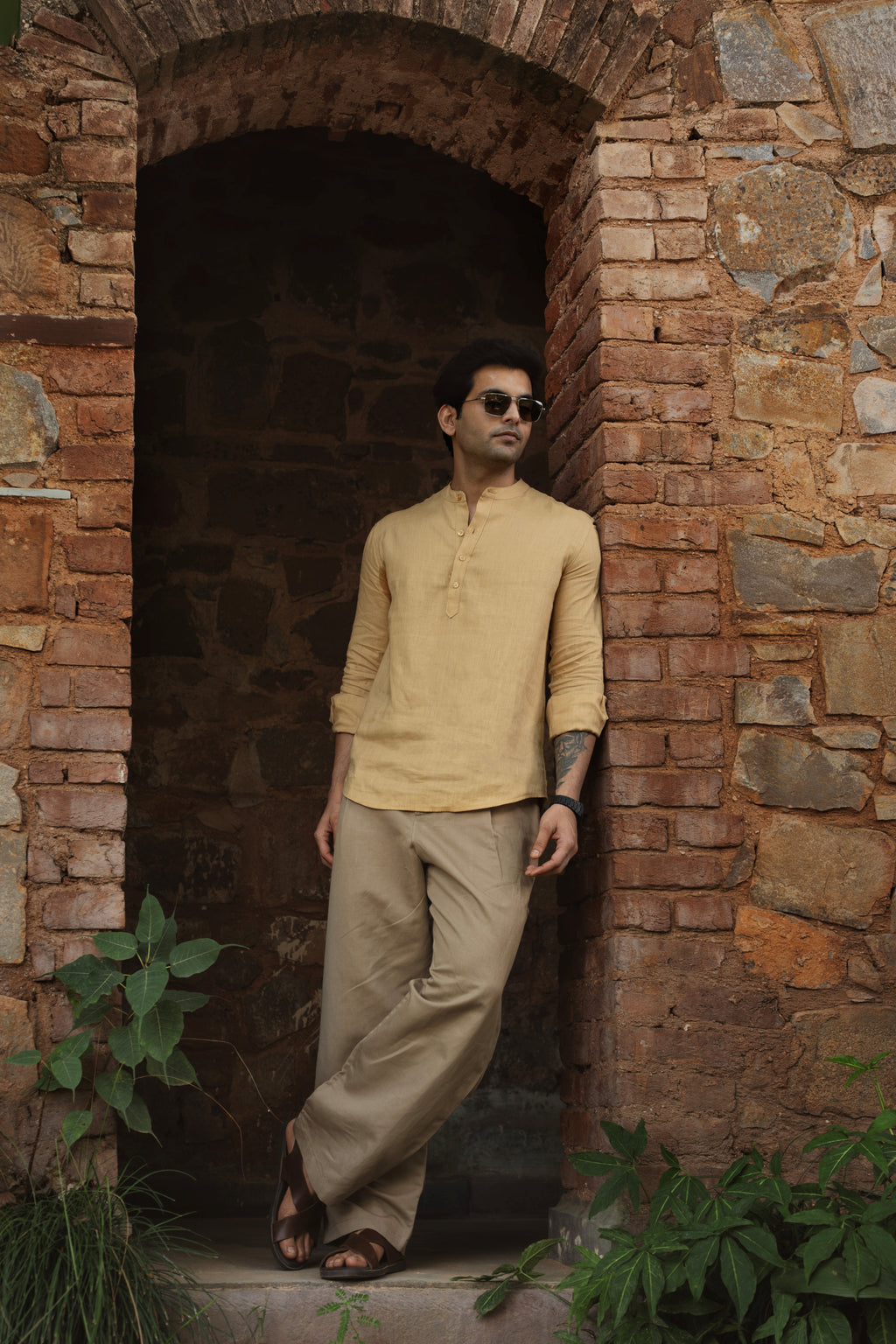100% European Linen Relaxed Mandarin Collar Kurta - Sand Dune