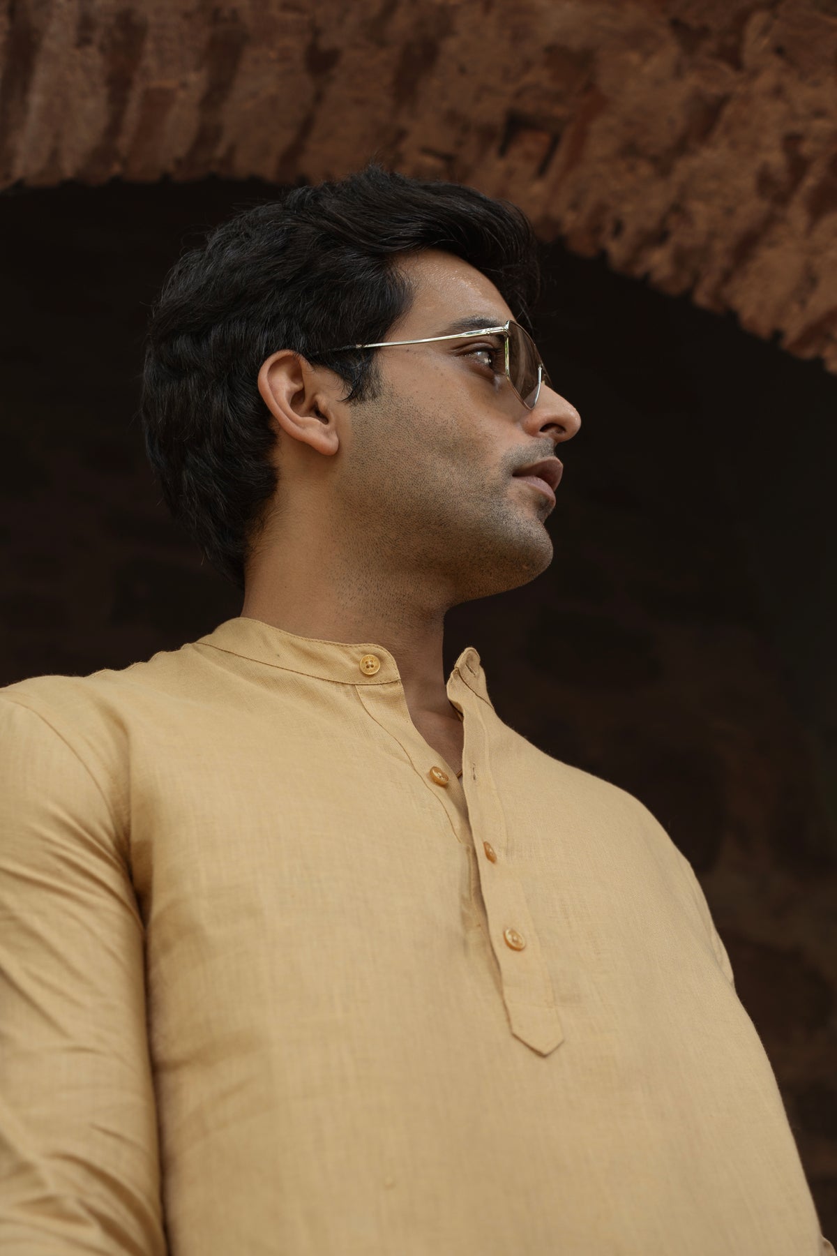 100% European Linen Relaxed Mandarin Collar Kurta - Sand Dune